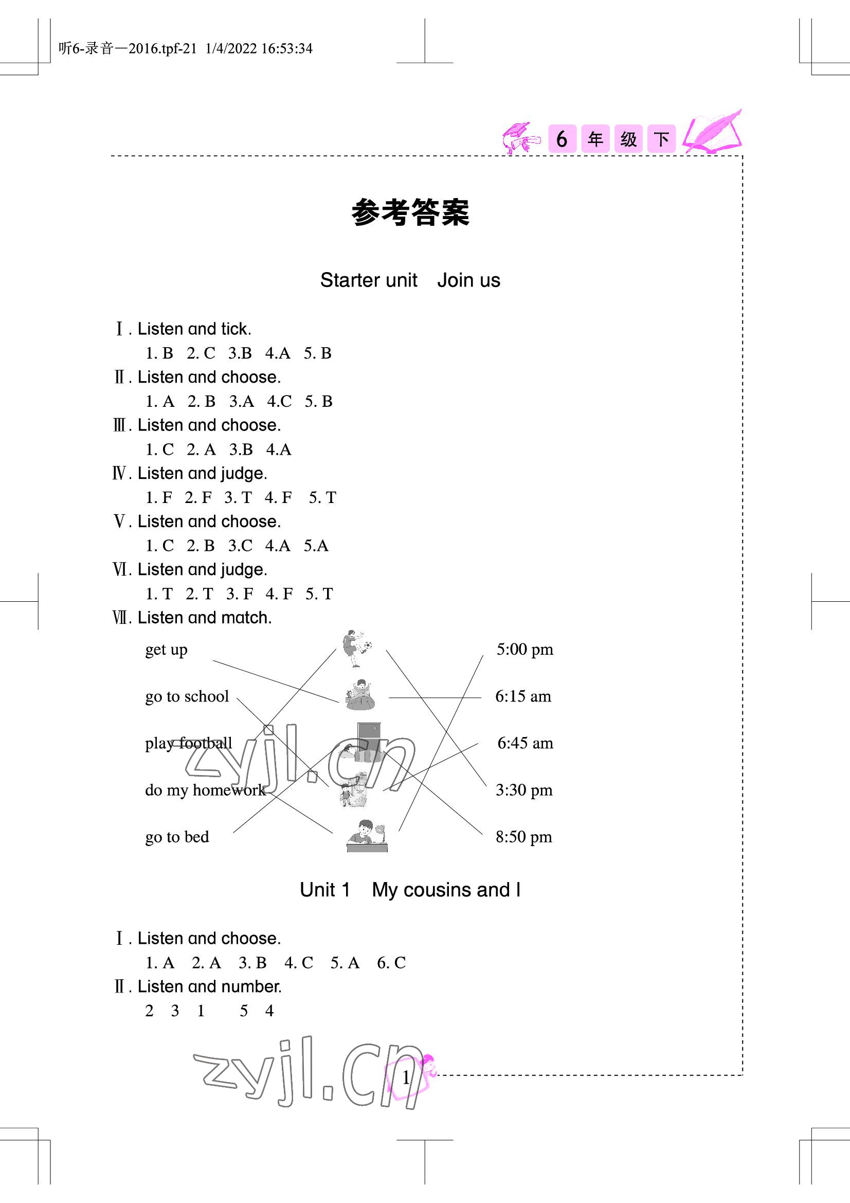 2022年小學(xué)英語聽力訓(xùn)練六年級(jí)下冊(cè)劍橋版武漢出版社 參考答案第1頁(yè)