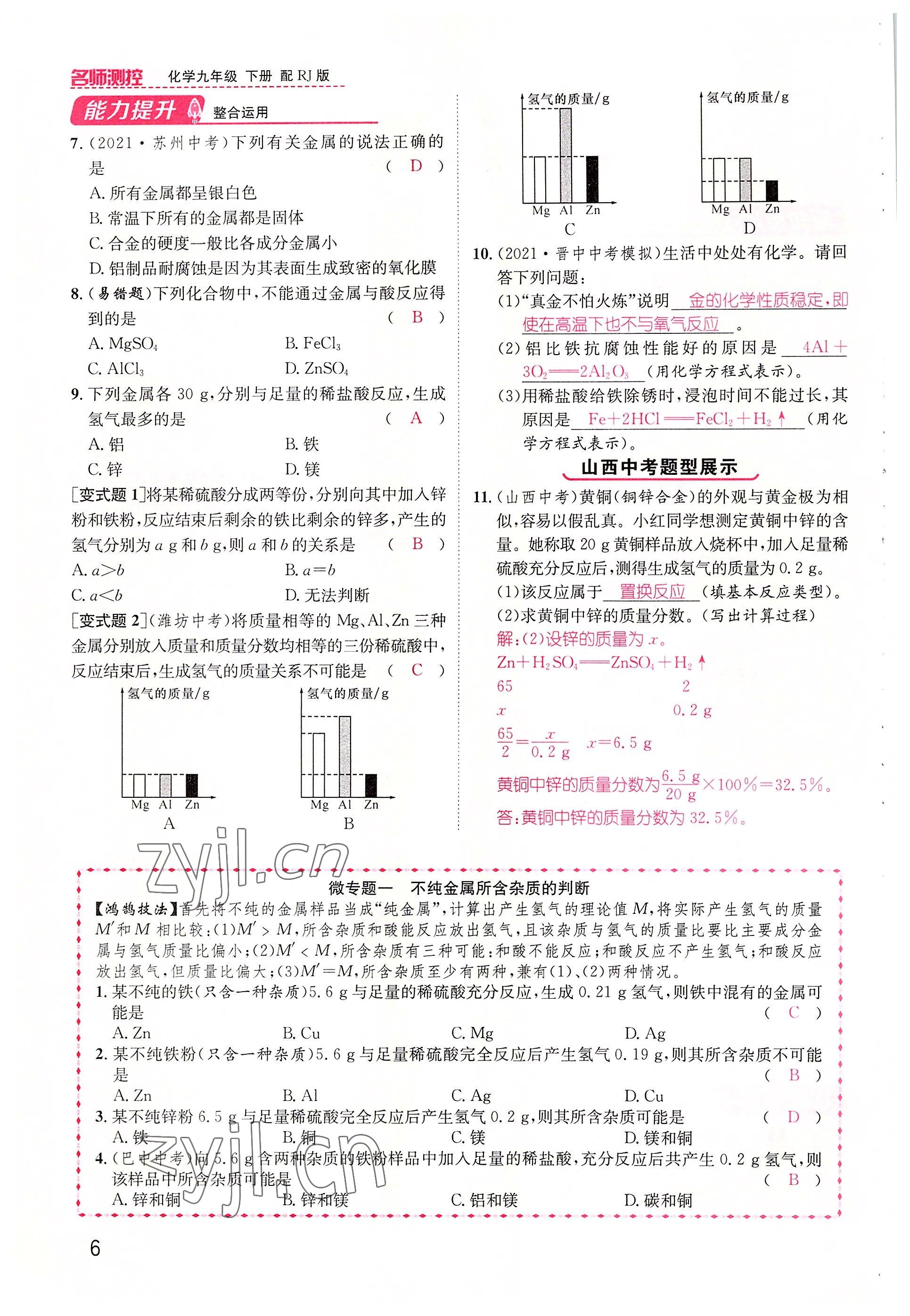 2022年名师测控九年级化学下册人教版山西专版 参考答案第6页