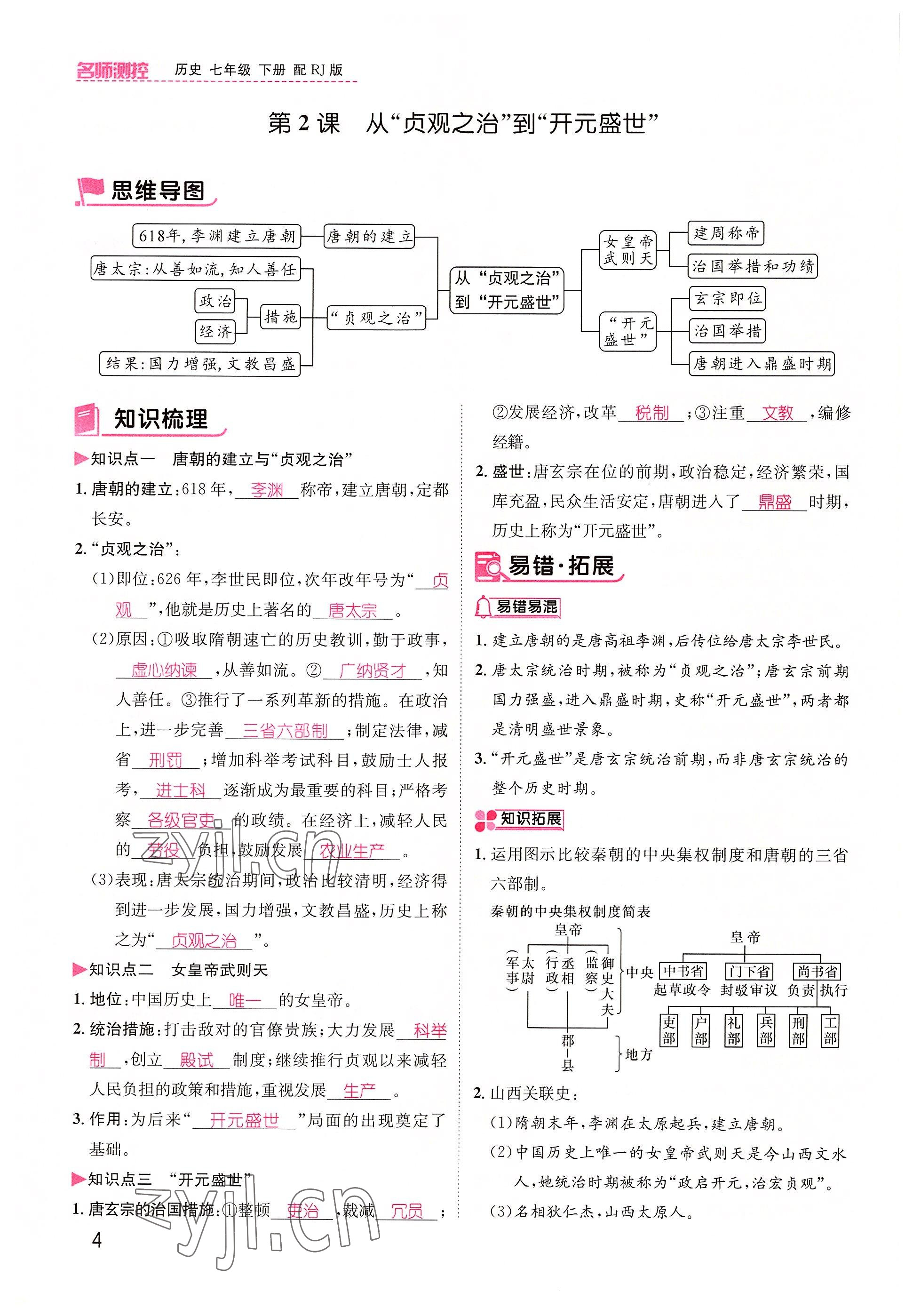 2022年名師測控七年級歷史下冊人教版山西專版 參考答案第4頁