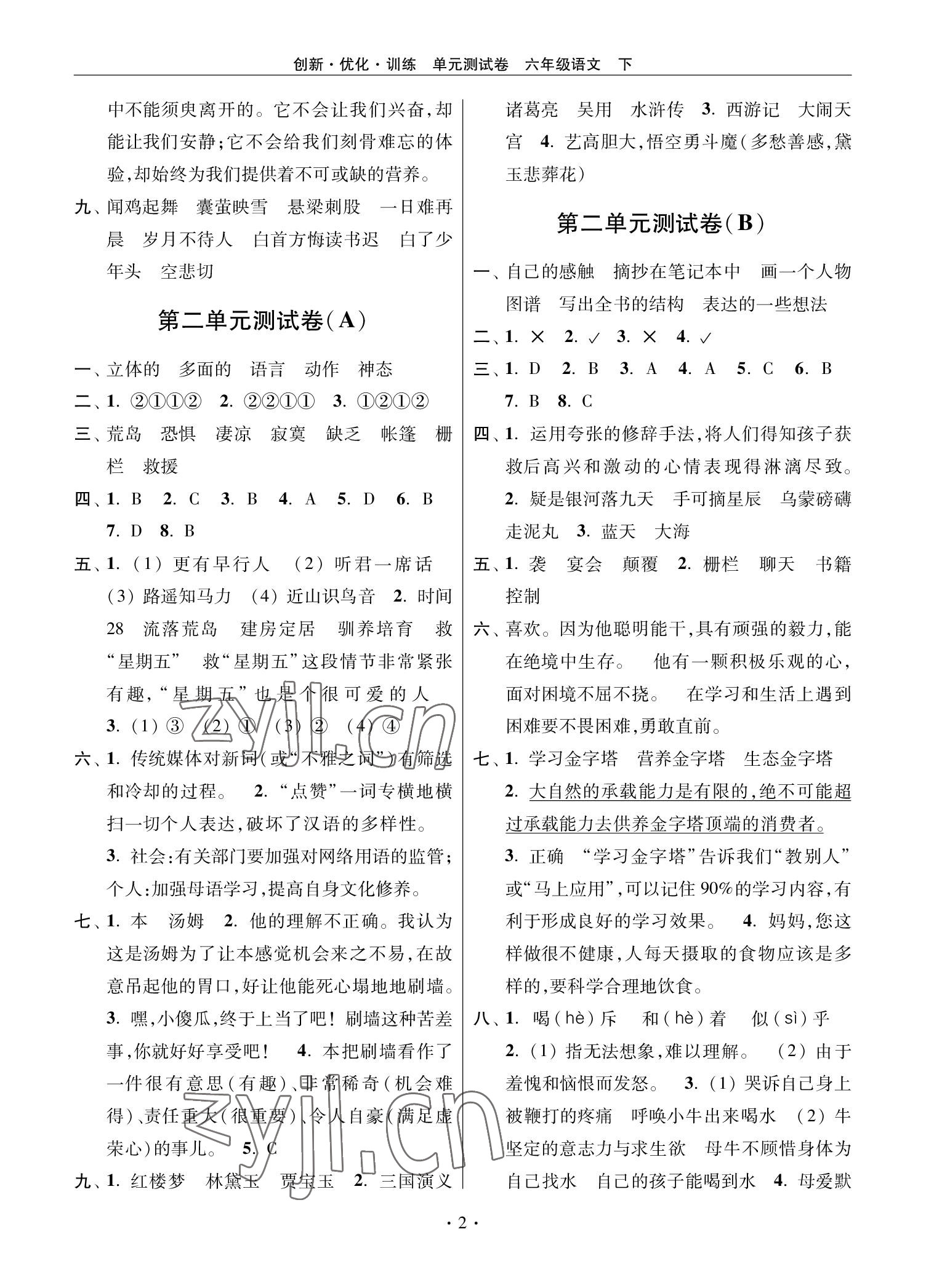 2022年創(chuàng)新優(yōu)化訓(xùn)練單元測試卷六年級語文下冊人教版 參考答案第2頁