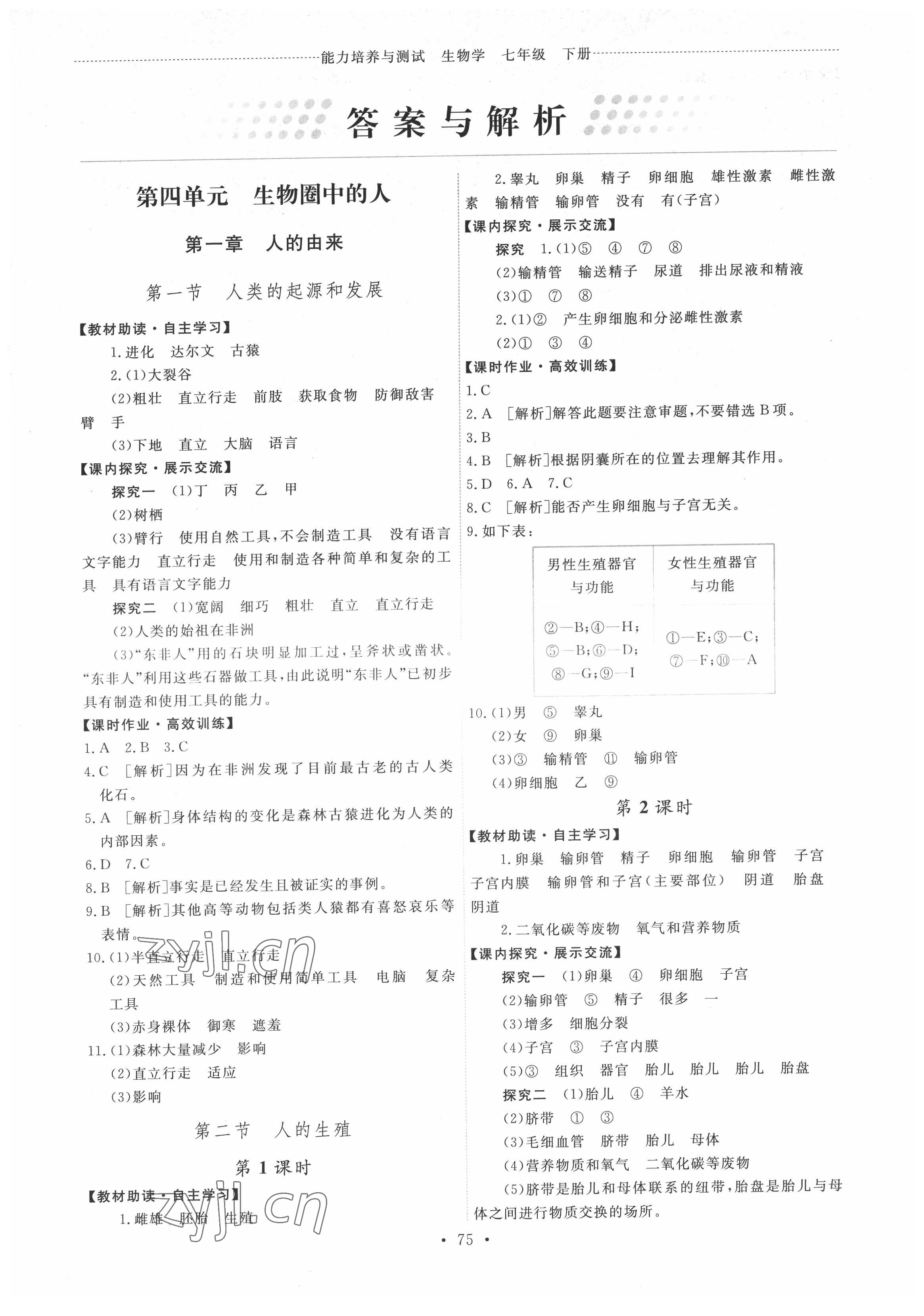 2022年能力培养与测试七年级生物下册人教版湖南专版 第1页