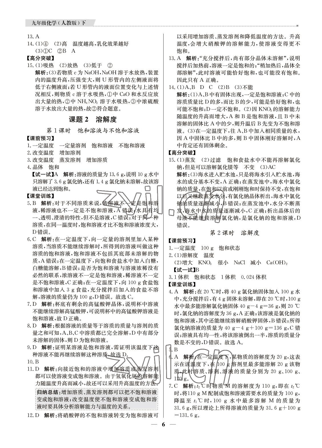 2022年提分教练九年级化学下册人教版东莞专用 参考答案第6页