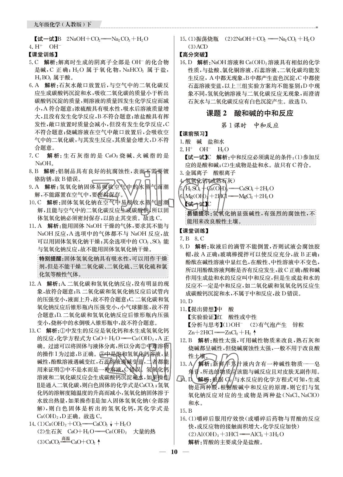 2022年提分教练九年级化学下册人教版东莞专用 参考答案第10页