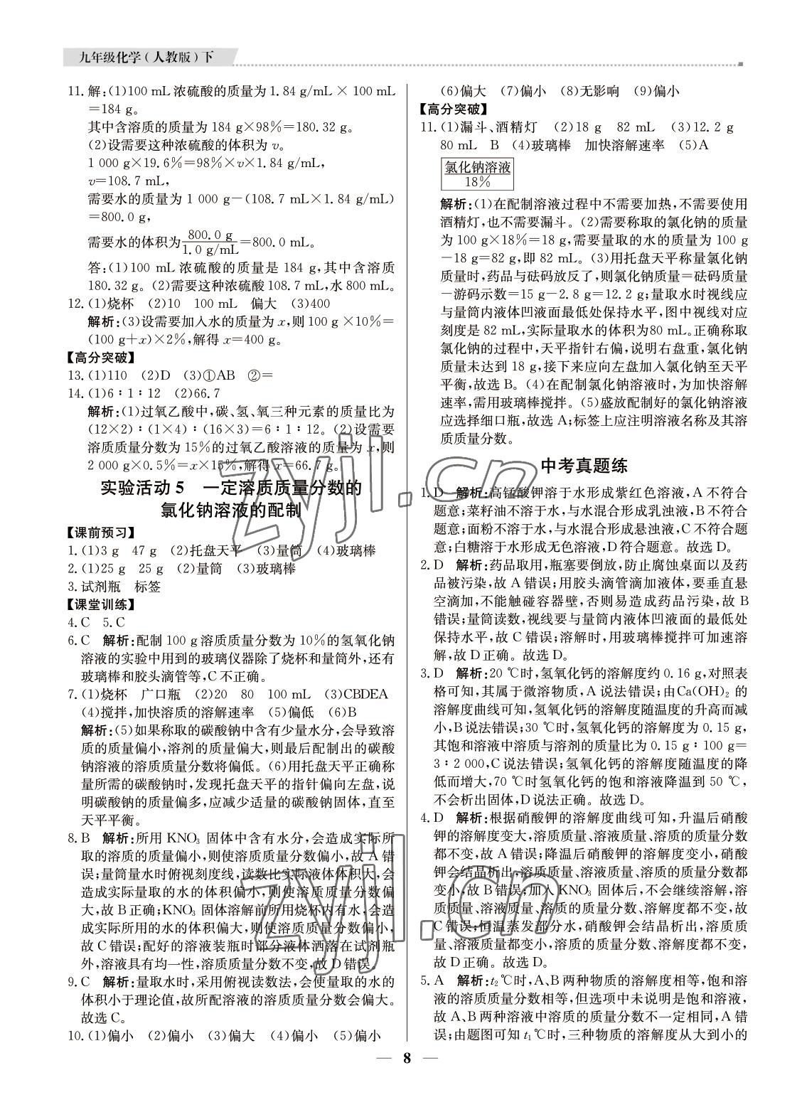 2022年提分教练九年级化学下册人教版东莞专用 参考答案第8页