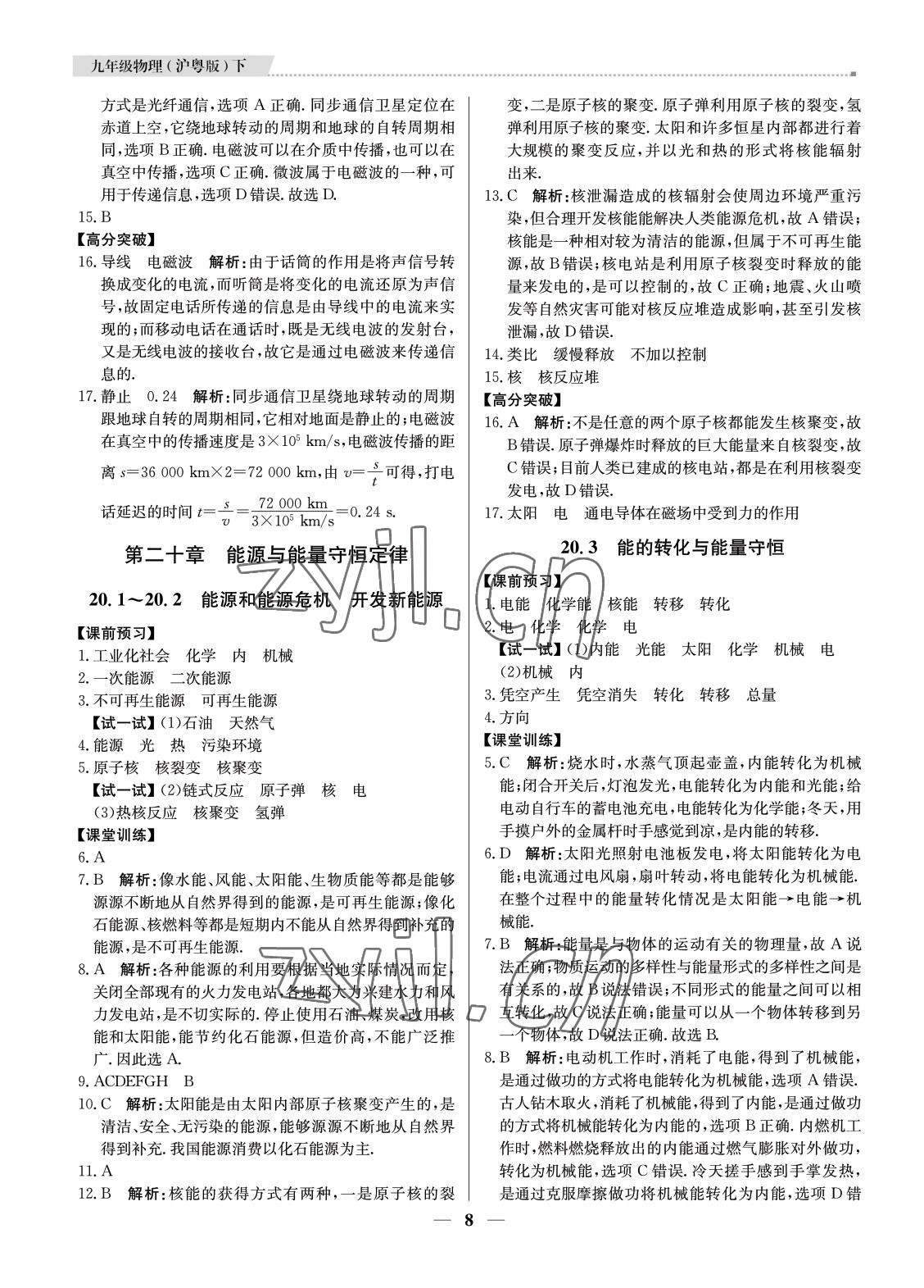 2022年提分教练九年级物理下册沪粤版东莞专用 参考答案第8页