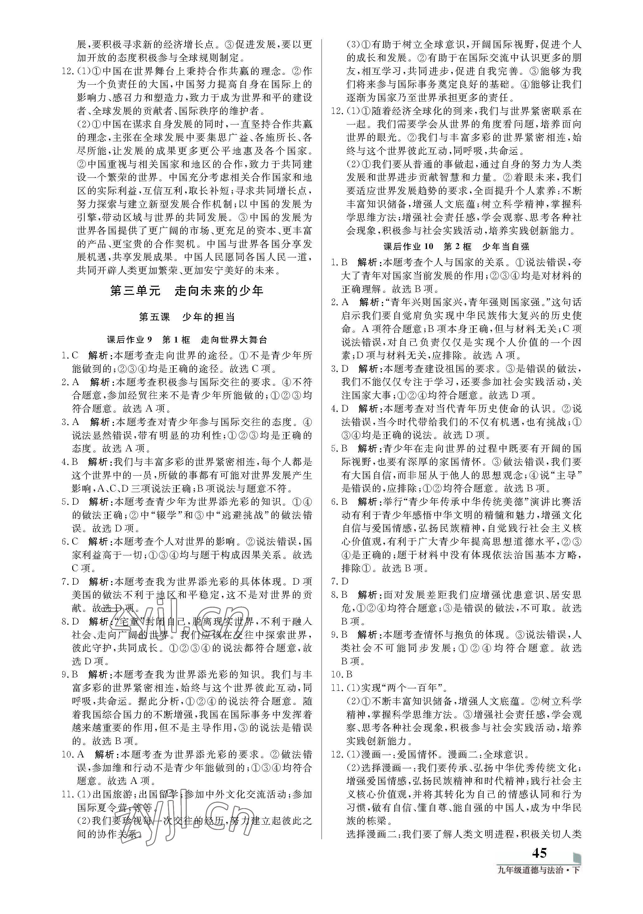 2022年培優(yōu)A計劃九年級道德與法治下冊人教版 參考答案第5頁