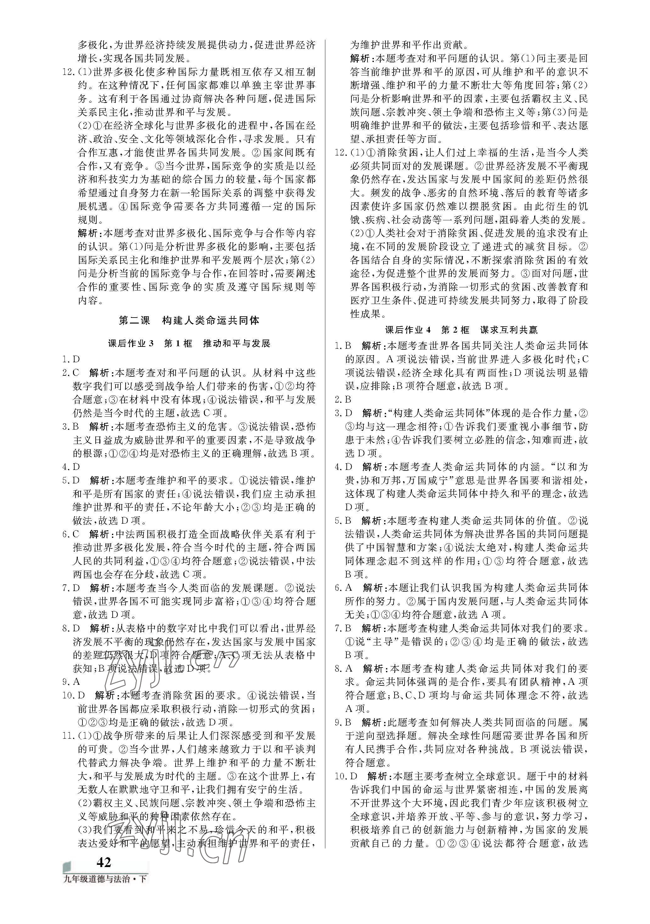 2022年培优A计划九年级道德与法治下册人教版 参考答案第2页