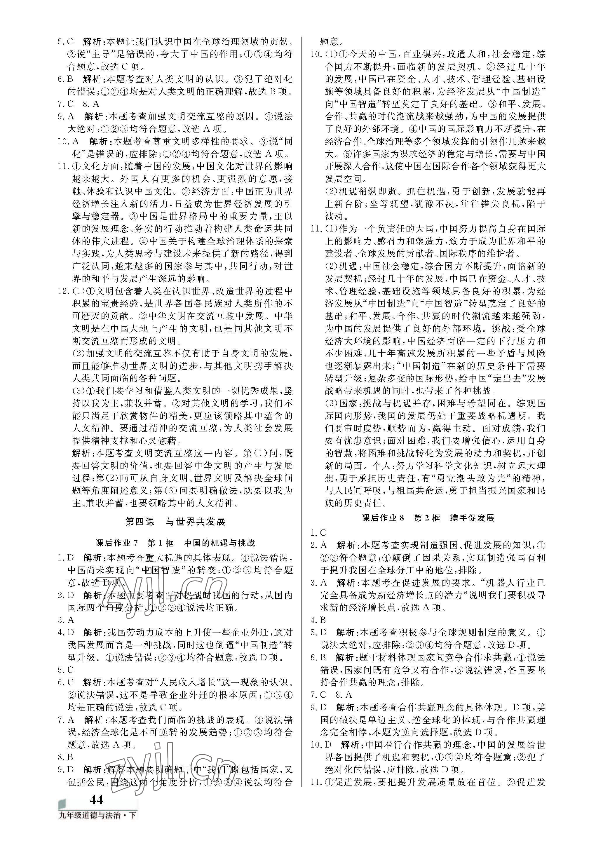 2022年培優(yōu)A計(jì)劃九年級道德與法治下冊人教版 參考答案第4頁