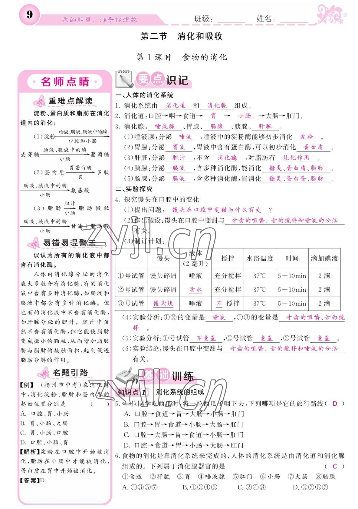 2022年課堂點(diǎn)睛七年級(jí)生物下冊(cè)人教版寧夏專版 參考答案第9頁(yè)