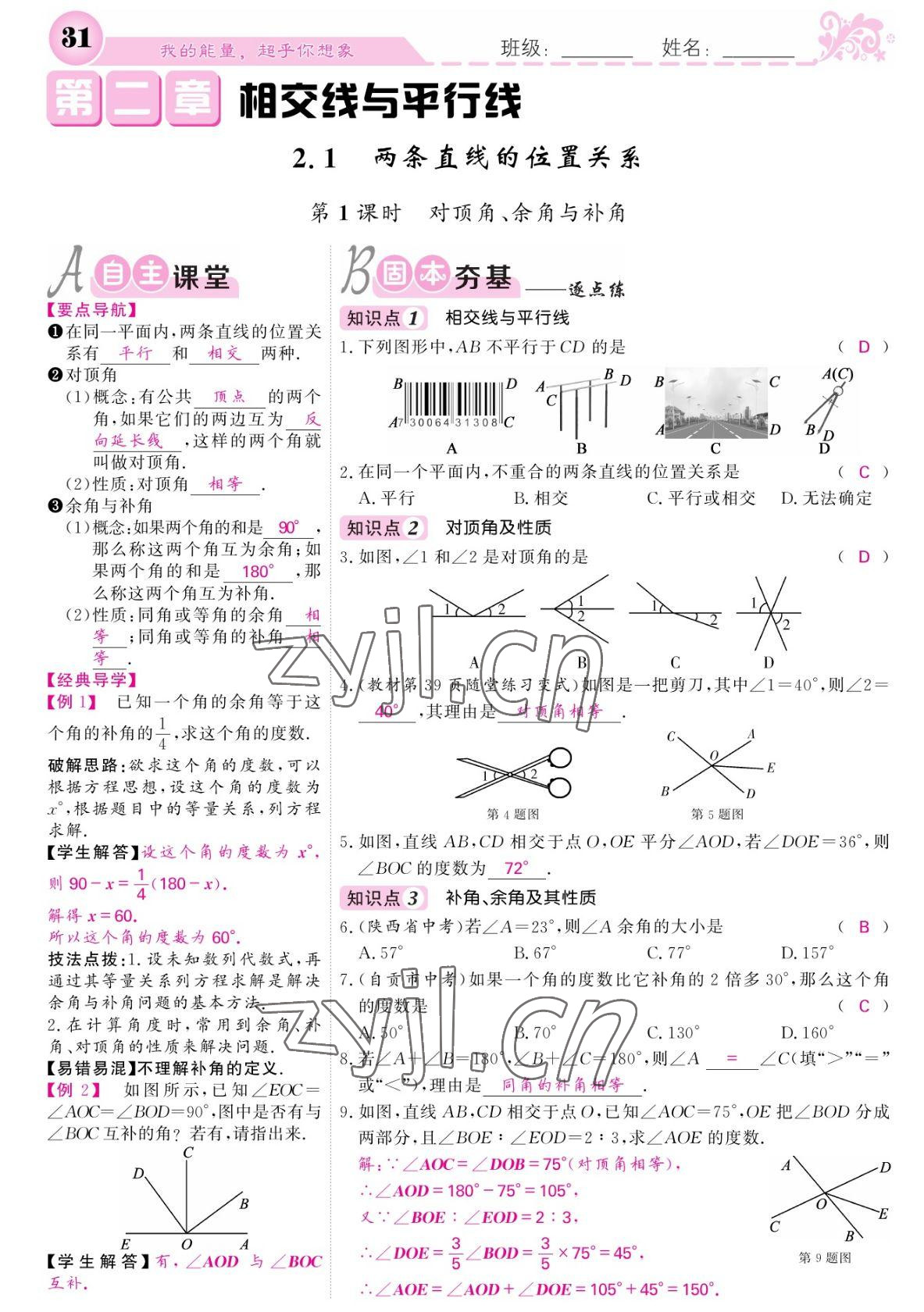 2022年課堂點睛七年級數(shù)學(xué)下冊北師大版寧夏專版 參考答案第31頁