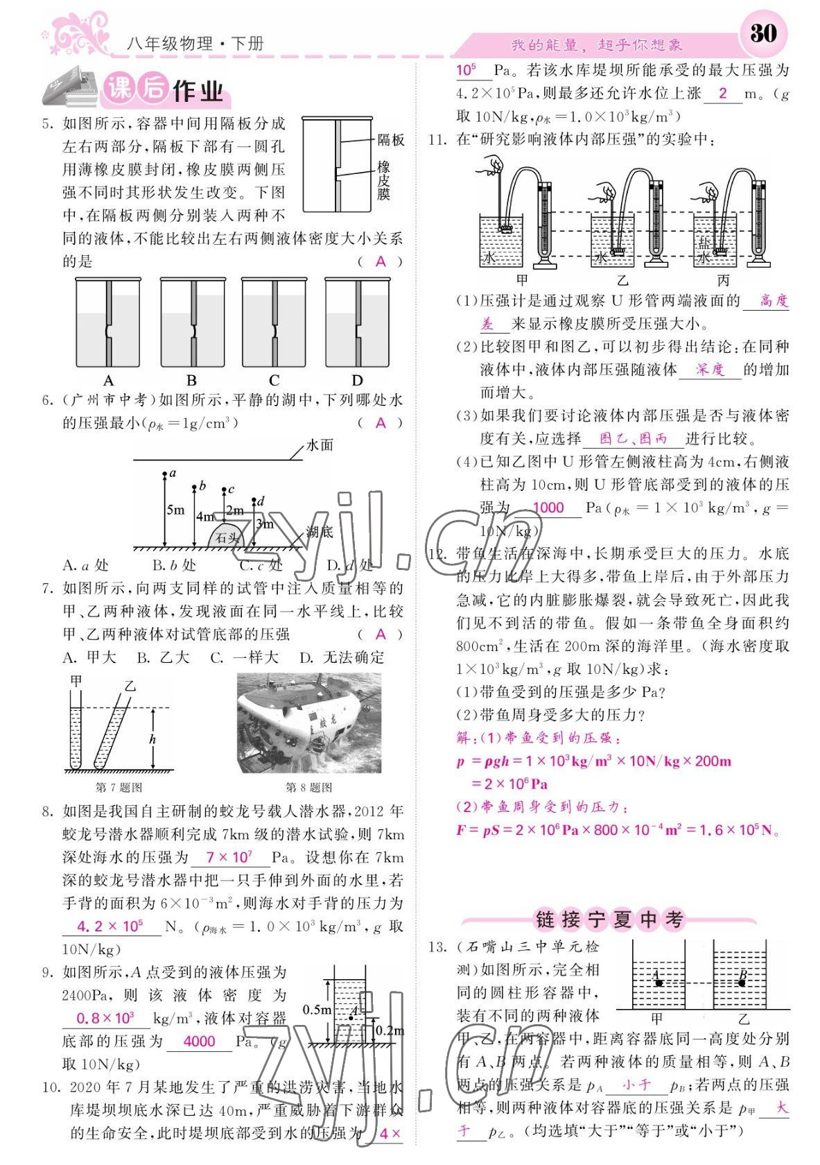 2022年课堂点睛八年级物理下册人教版宁夏专版 参考答案第30页