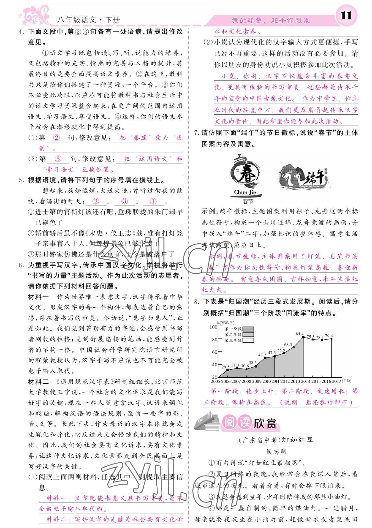 2022年課堂點(diǎn)睛八年級語文下冊人教版寧夏專版 參考答案第11頁