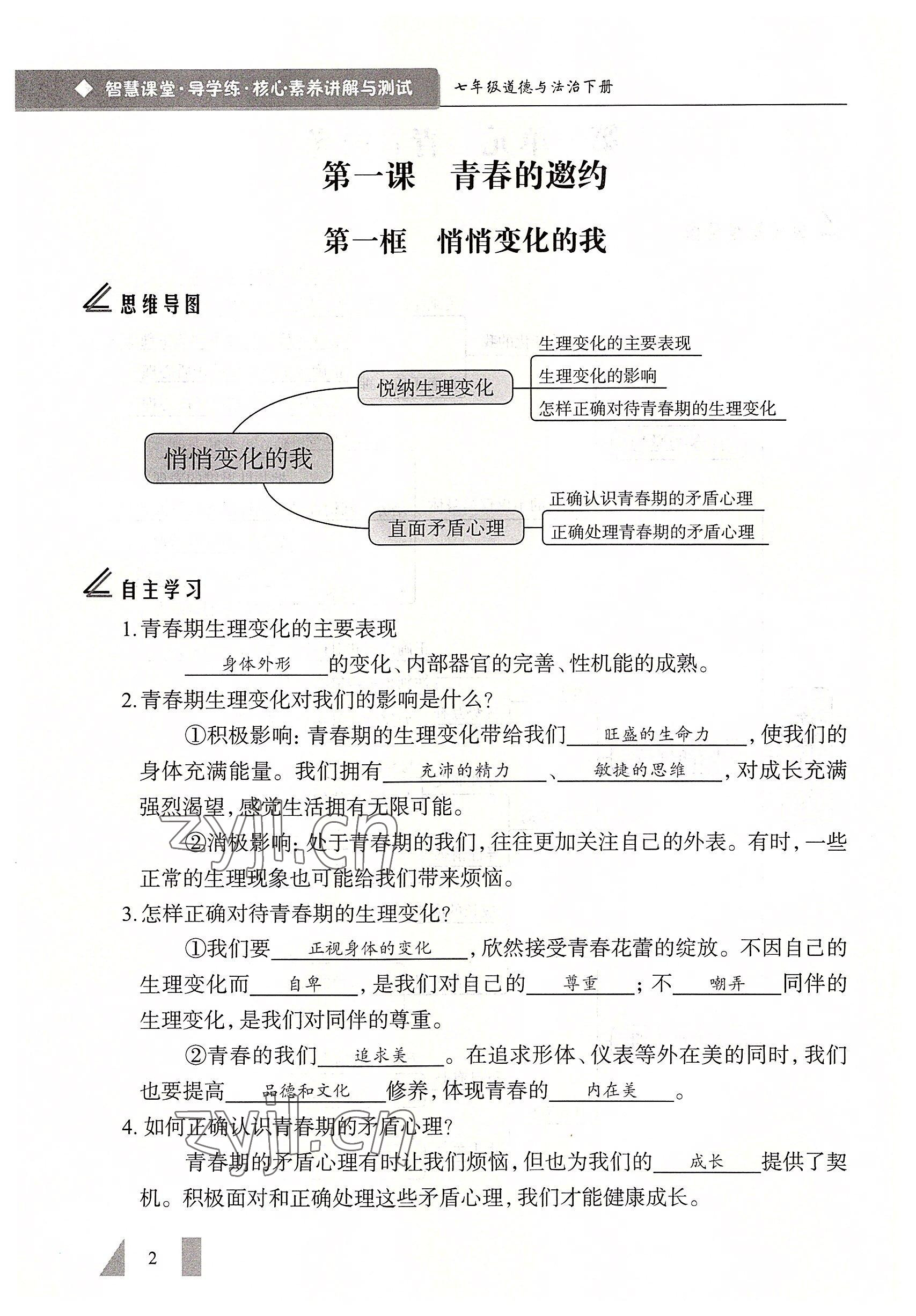 2022年智慧课堂七年级道德与法治下册人教版 参考答案第2页