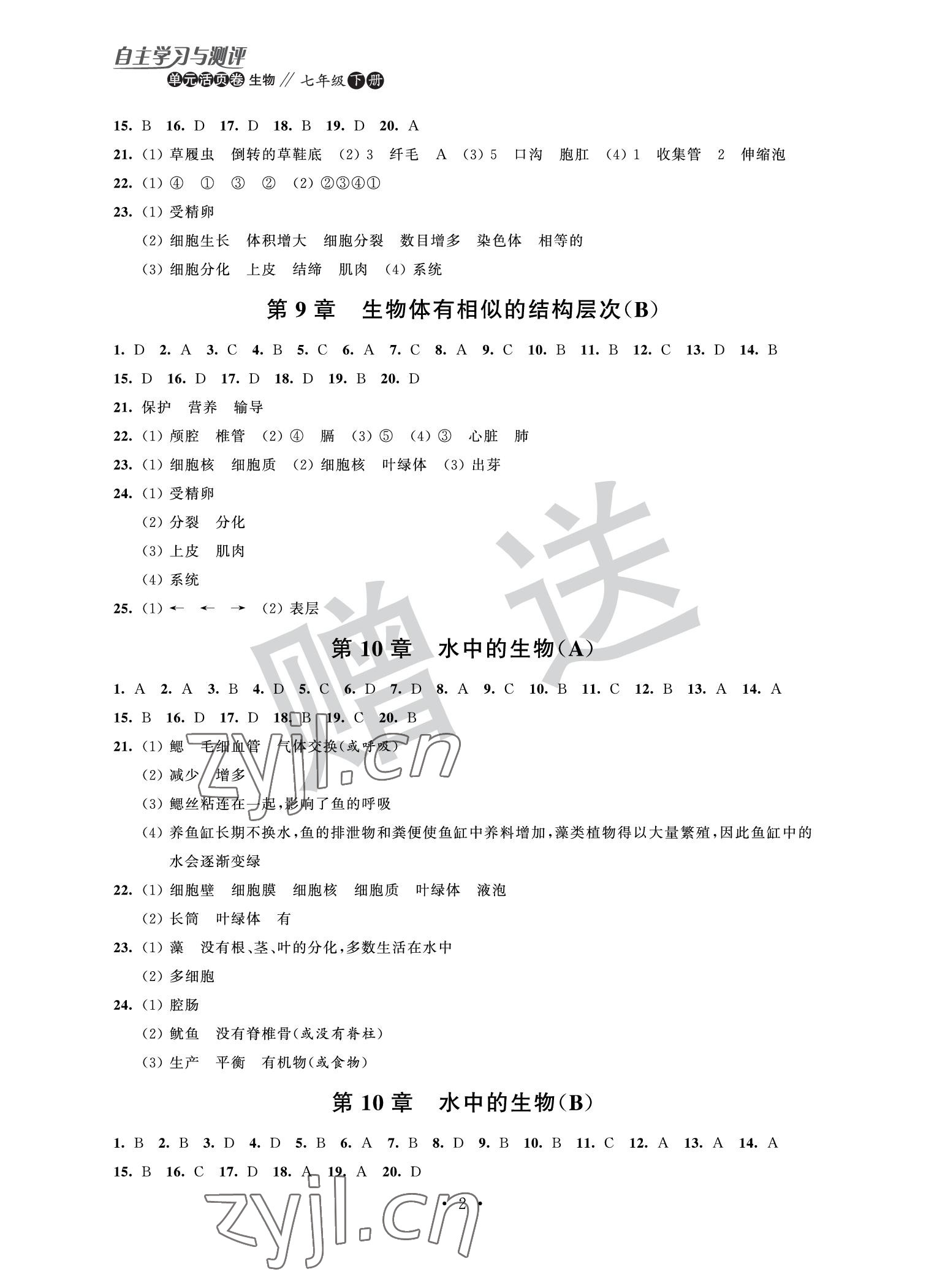 2022年自主學習與測評單元活頁卷七年級生物下冊 參考答案第2頁