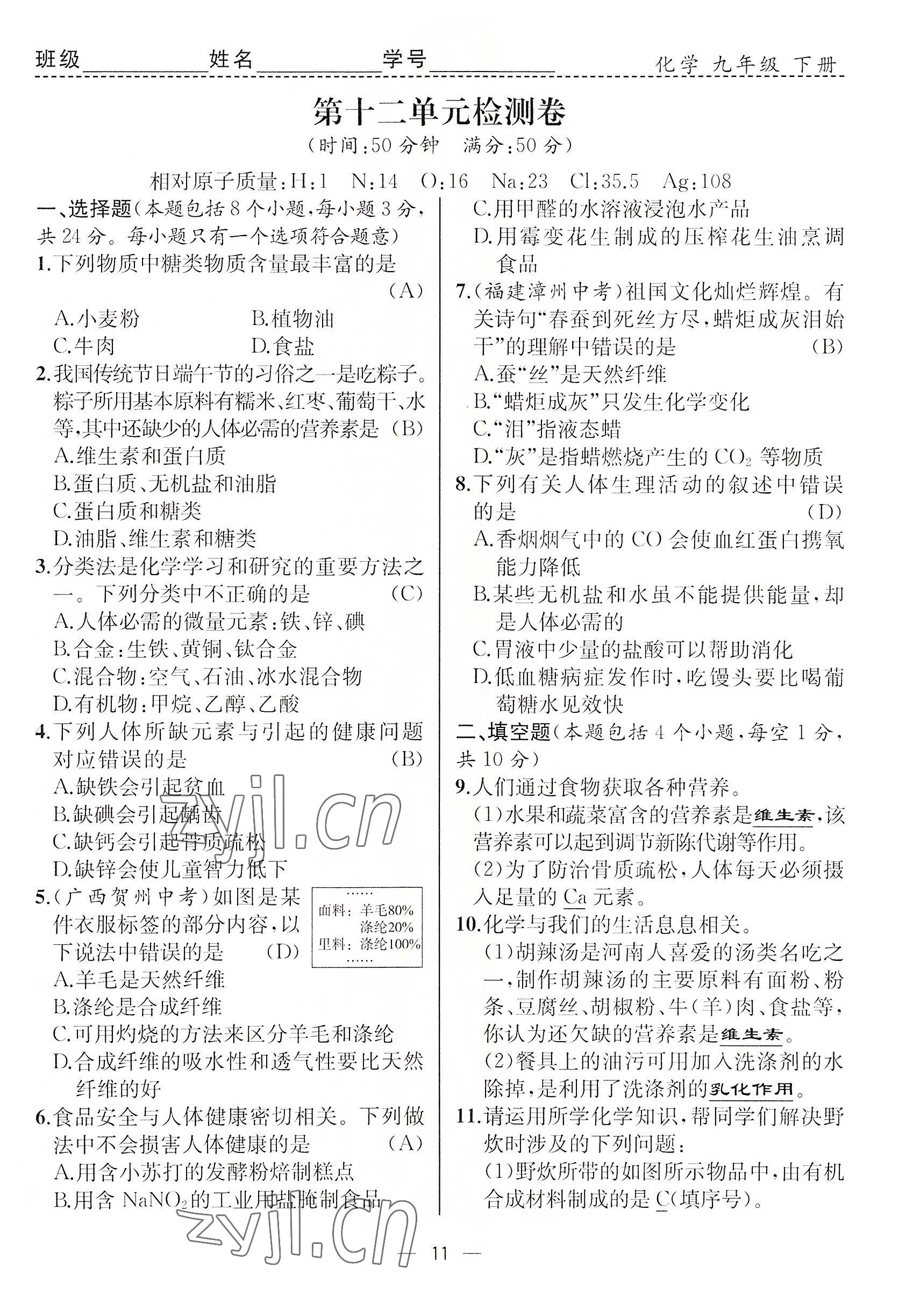 2022年人教金学典同步解析与测评九年级化学下册人教版云南专版 参考答案第11页