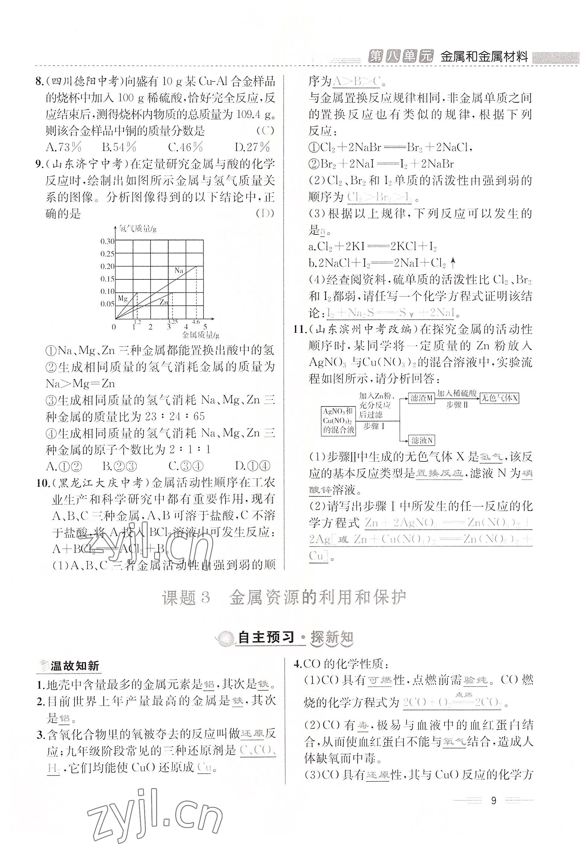 2022年人教金学典同步解析与测评九年级化学下册人教版云南专版 参考答案第9页