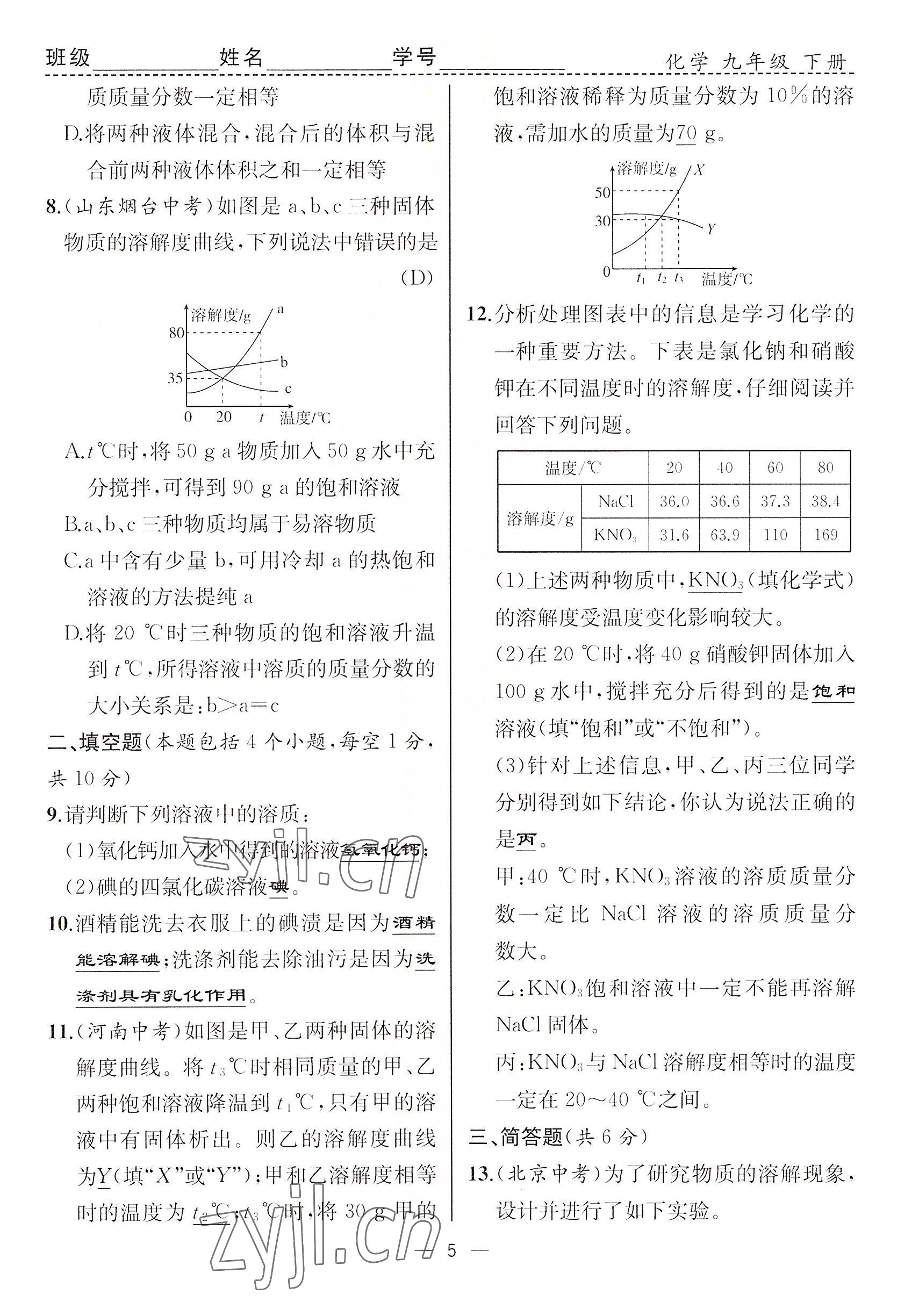 2022年人教金学典同步解析与测评九年级化学下册人教版云南专版 参考答案第5页