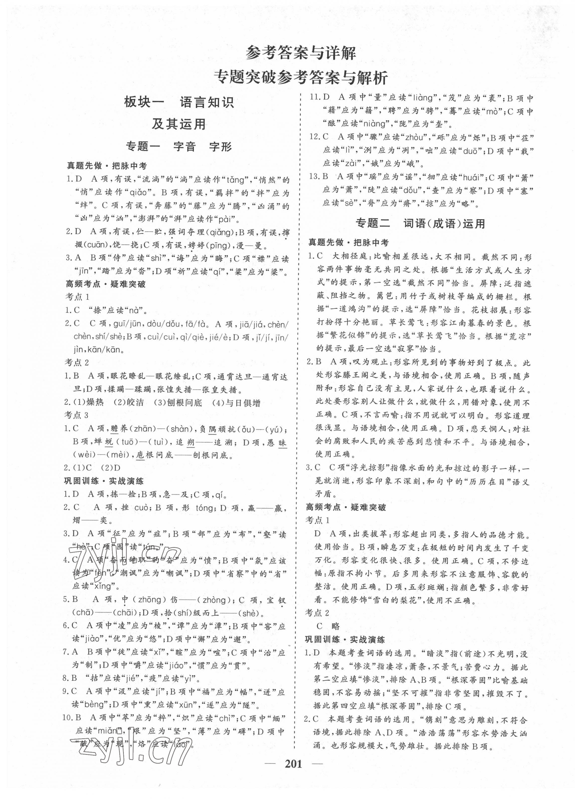 2022年優(yōu)化探究初中總復習語文江西專版 參考答案第1頁