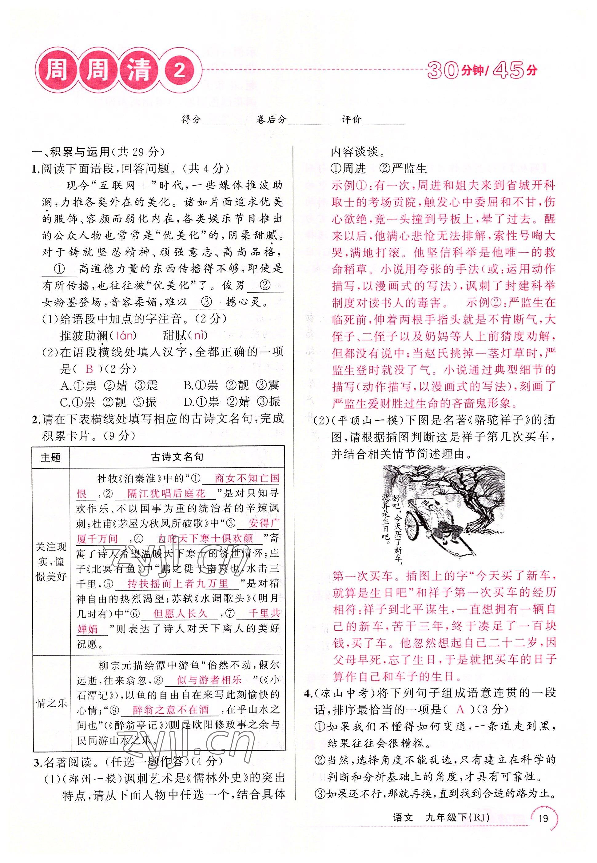 2022年四清導(dǎo)航九年級語文下冊人教版河南專版 參考答案第19頁