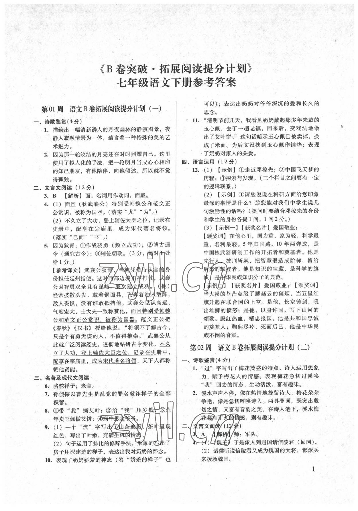 2022年B卷突破拓展閱讀提分計(jì)劃七年級(jí)語(yǔ)文下冊(cè)人教版 第1頁(yè)