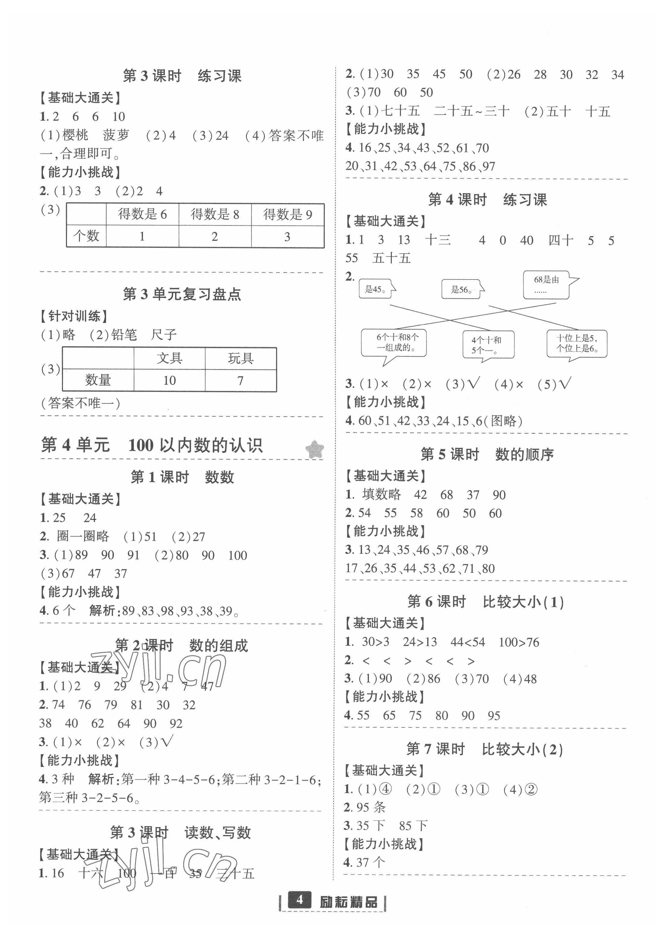 2022年励耘书业励耘新同步一年级数学下册人教版 参考答案第4页