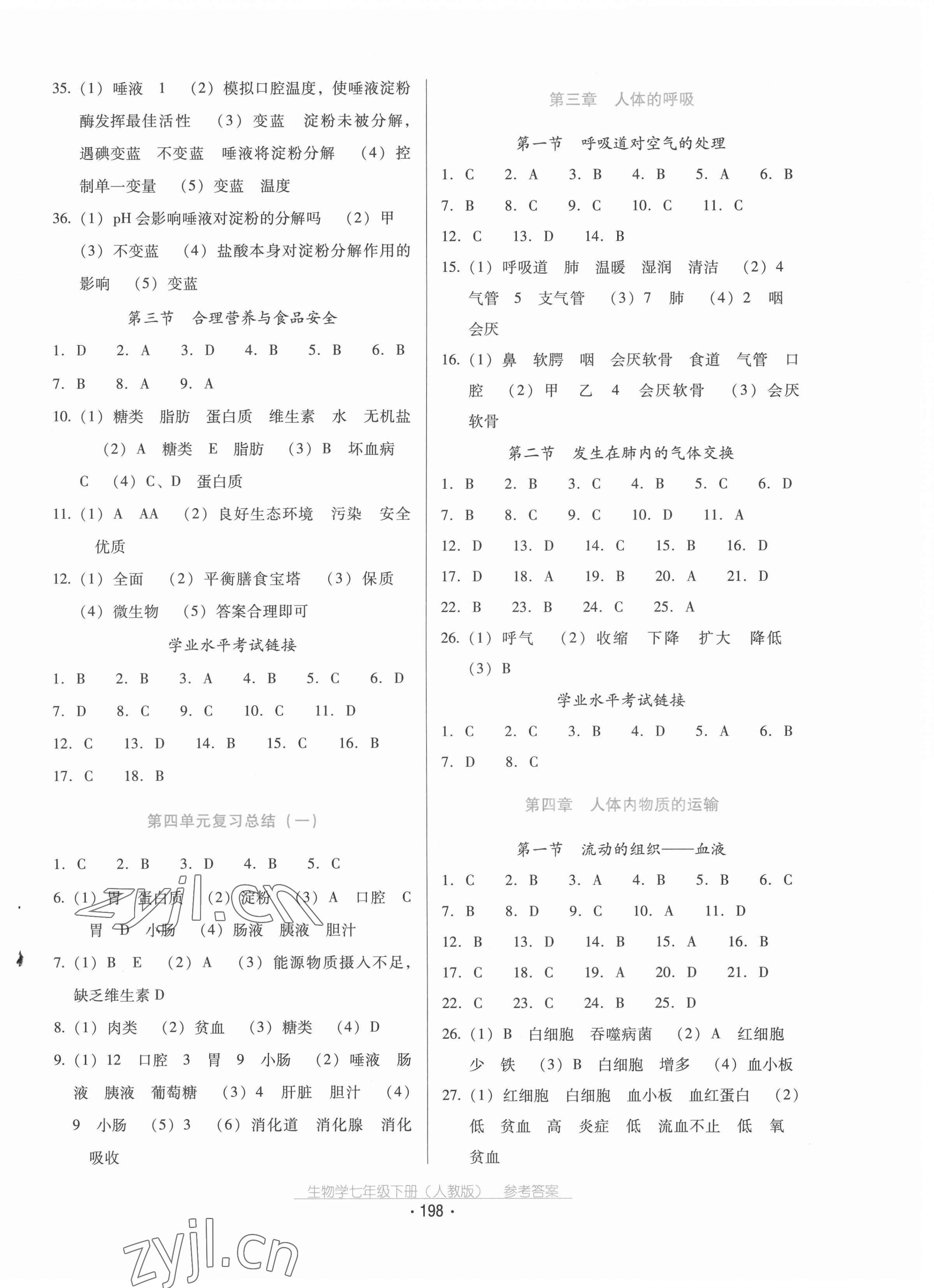 2022年云南省标准教辅优佳学案七年级生物下册人教版 参考答案第2页