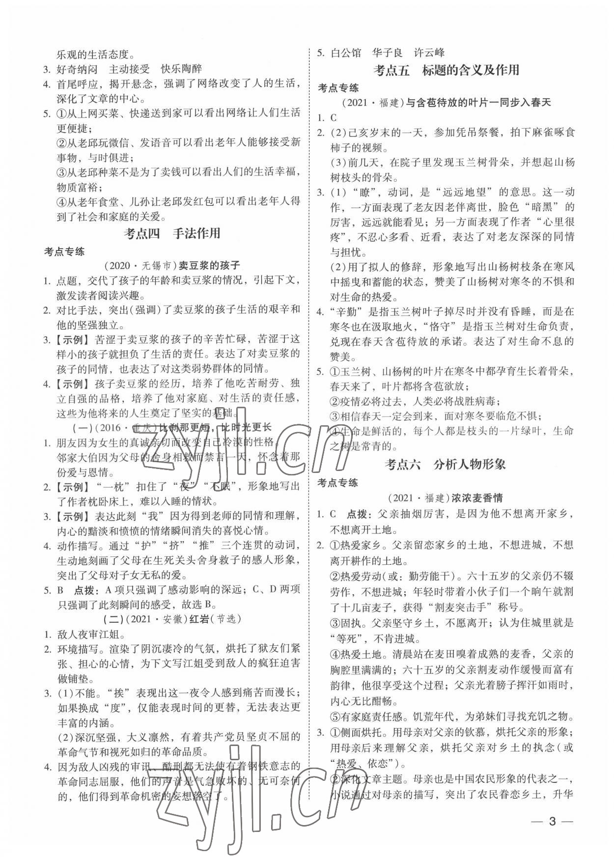 2022年中考寶典現(xiàn)代文閱讀技能訓(xùn)練語文中考 參考答案第2頁