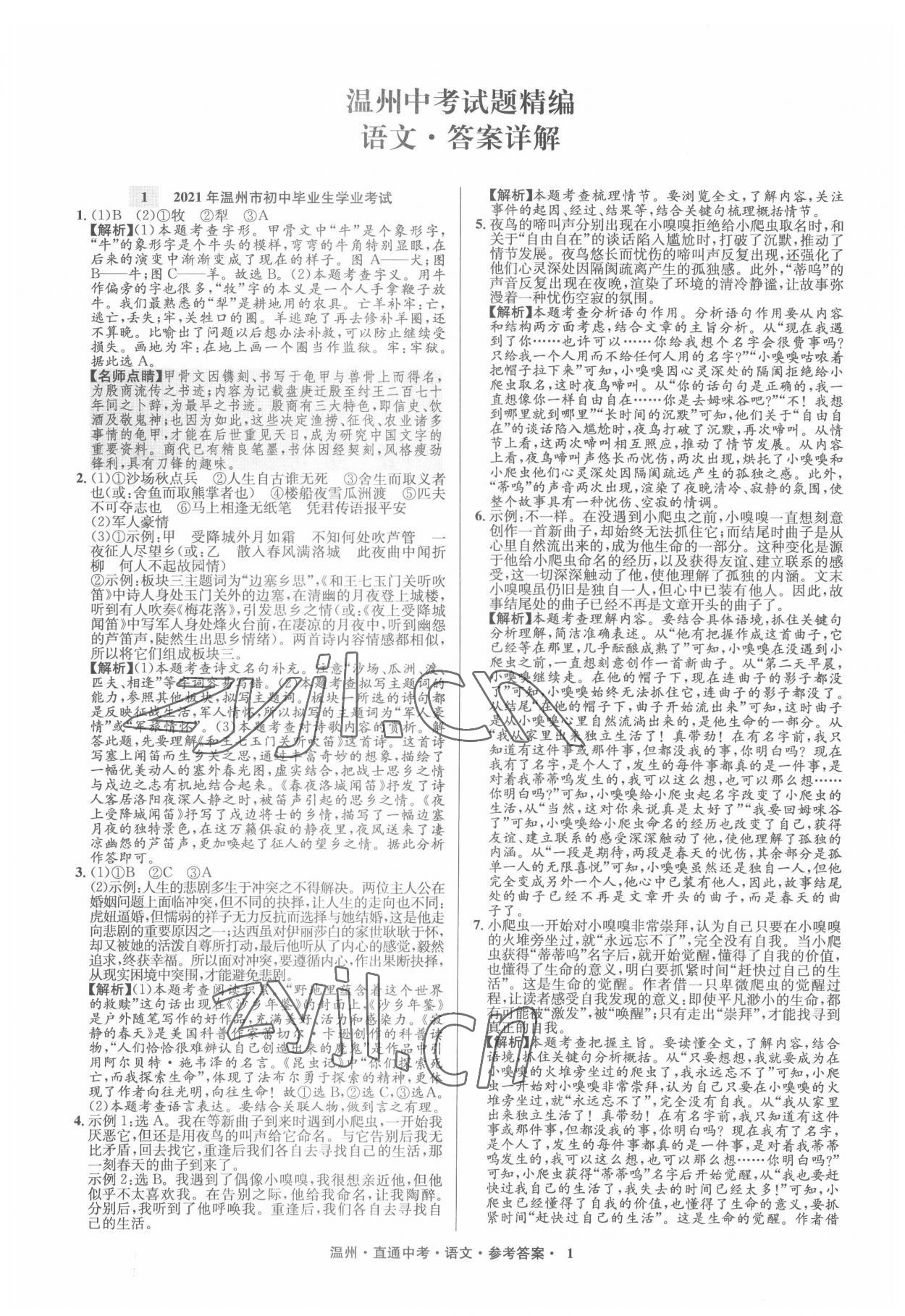 2022年直通中考中考試題精編語文溫州專版 參考答案第1頁