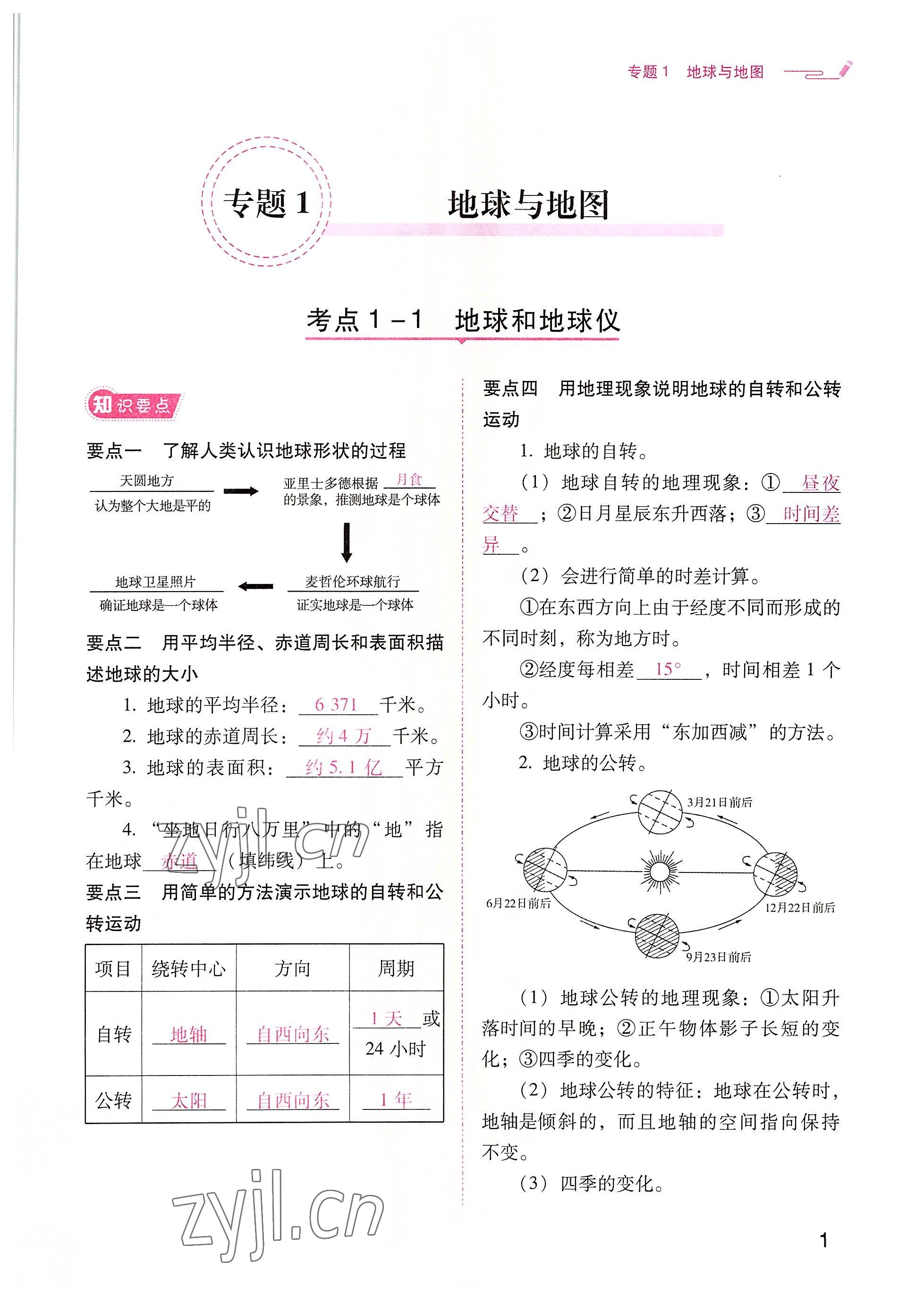 2022年晨光全优同步指导训练与检测地理 参考答案第1页