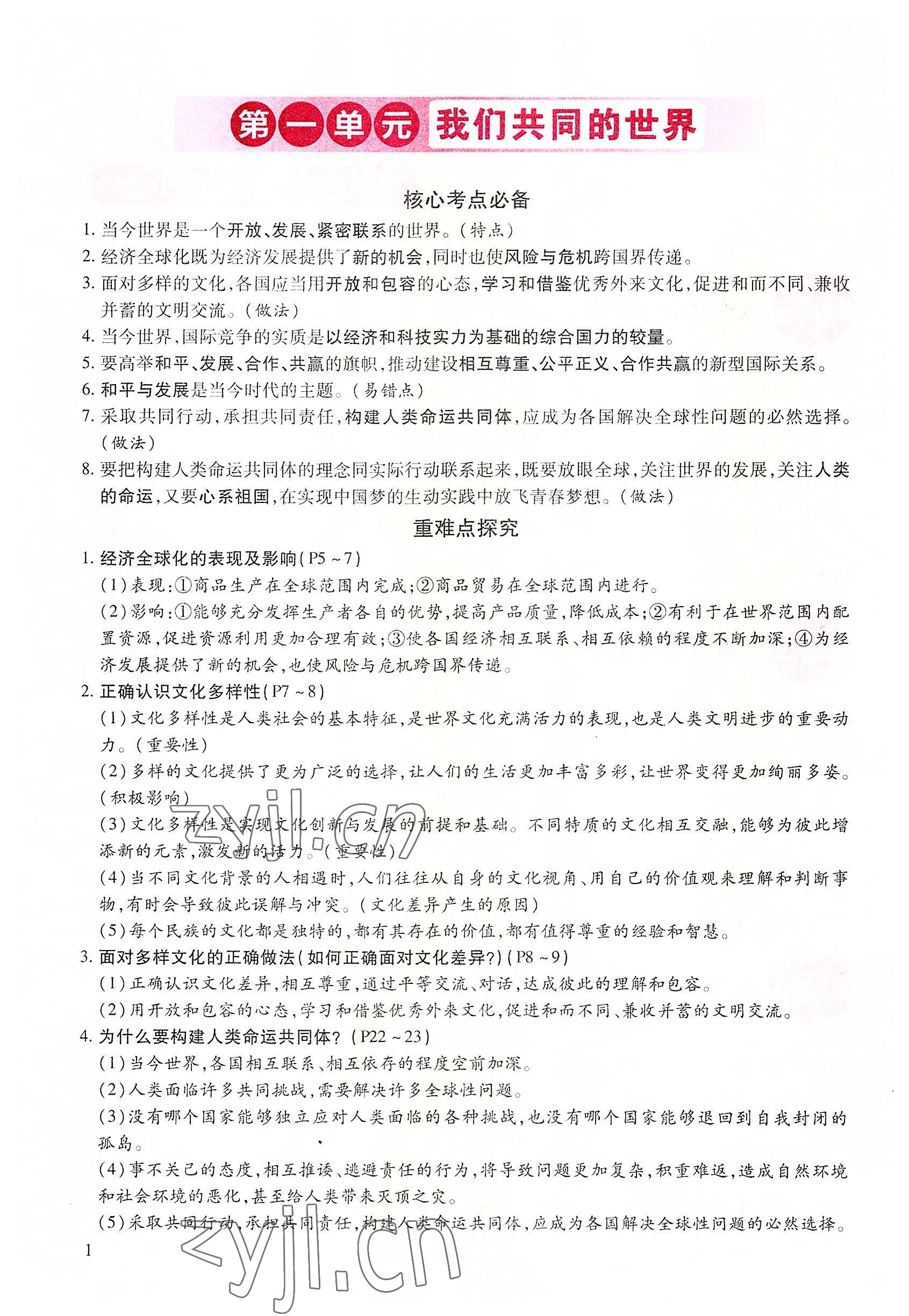 2022年我的作業(yè)九年級道德與法治下冊人教版 參考答案第1頁