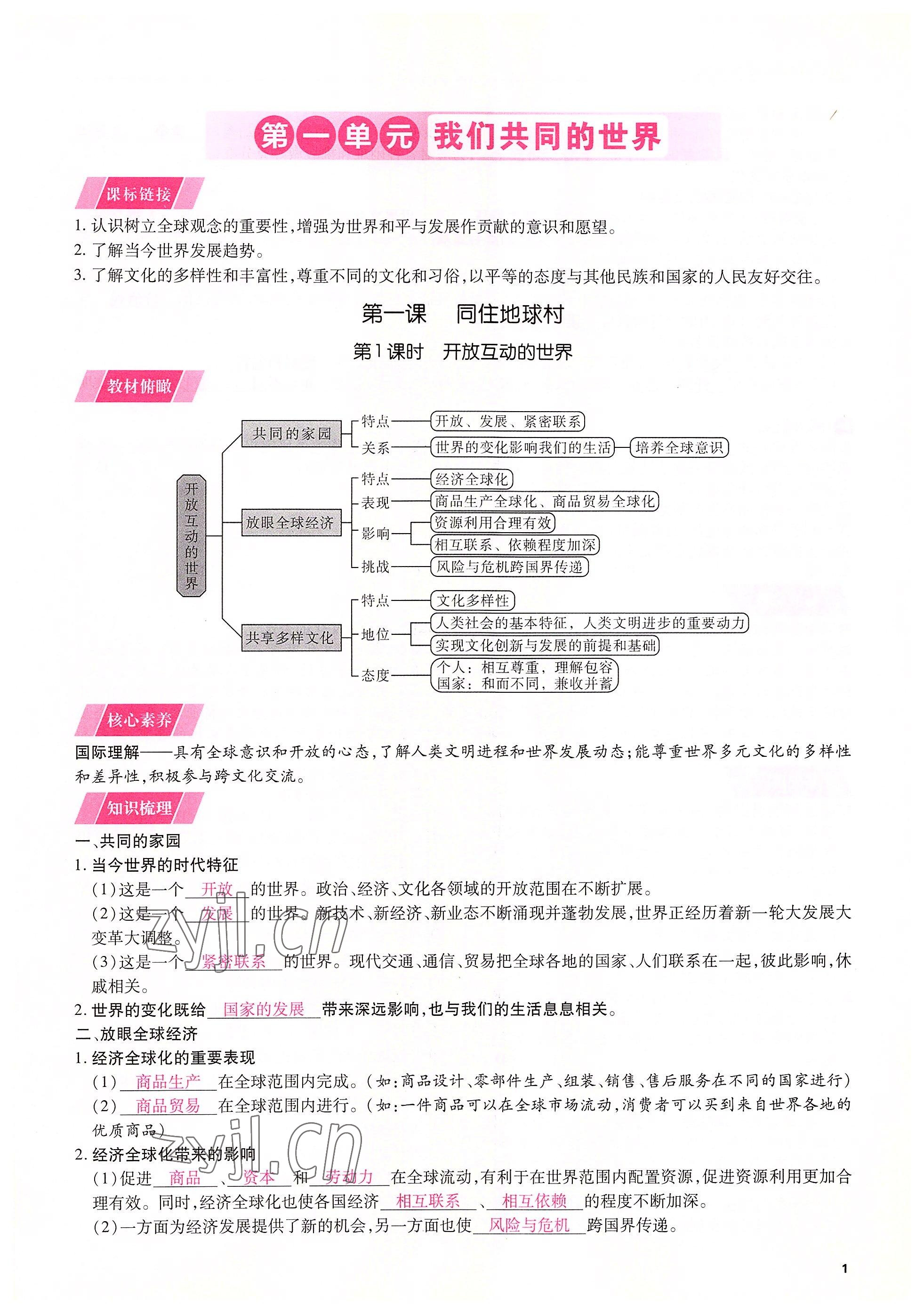 2022年我的作業(yè)九年級(jí)道德與法治下冊(cè)人教版 參考答案第1頁