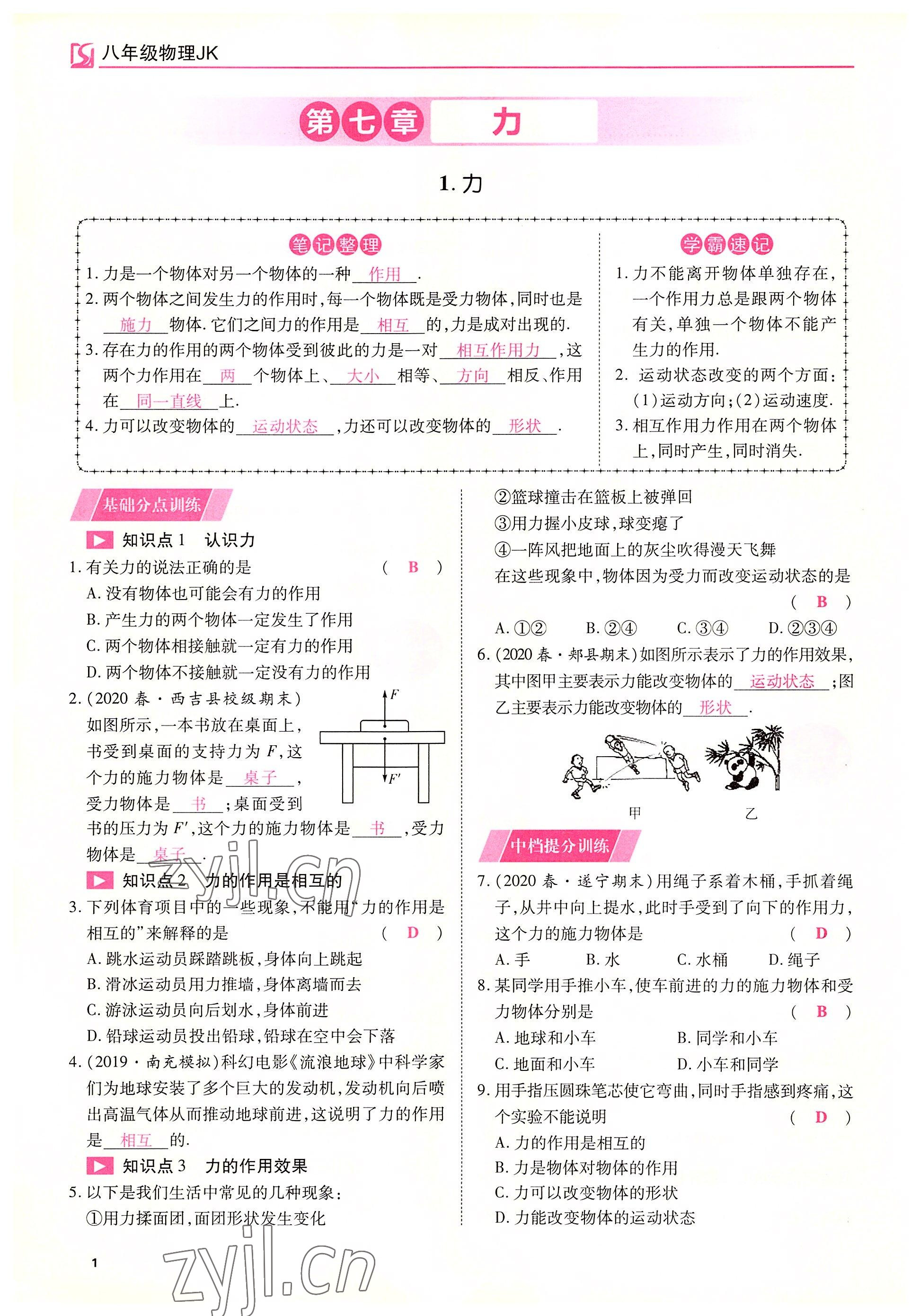 2022年我的作業(yè)八年級物理下冊教科版 參考答案第1頁