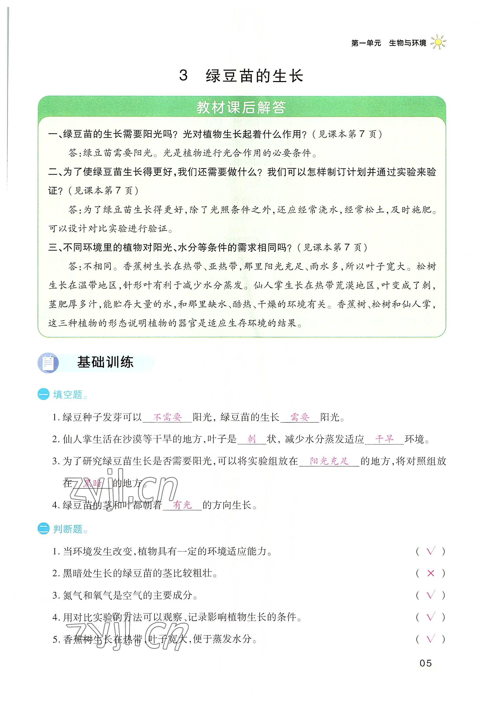 2022年名師小狀元課時作業(yè)本五年級科學下冊教科版 參考答案第5頁