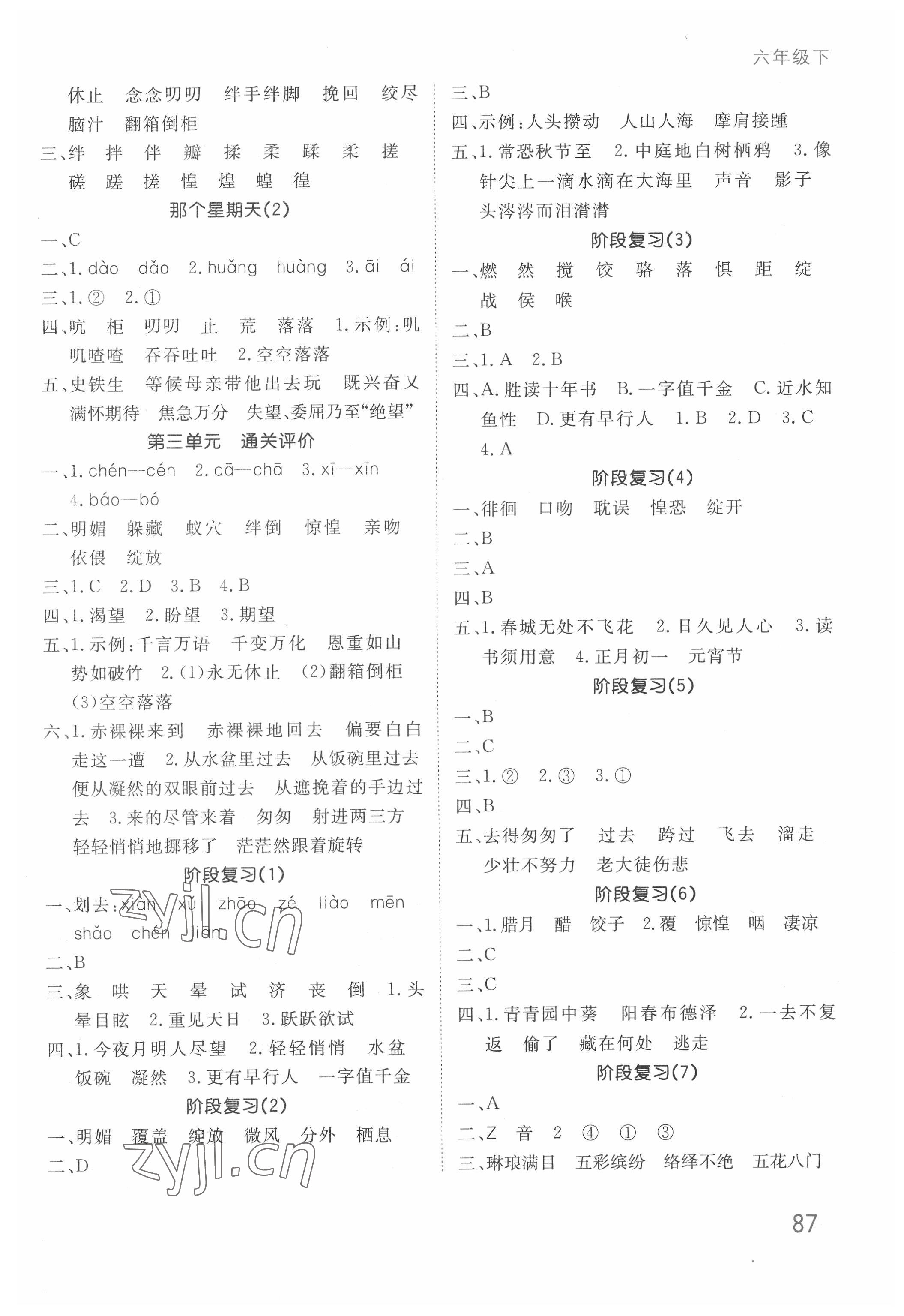 2022年默寫大通關(guān)六年級語文下冊人教版 參考答案第3頁