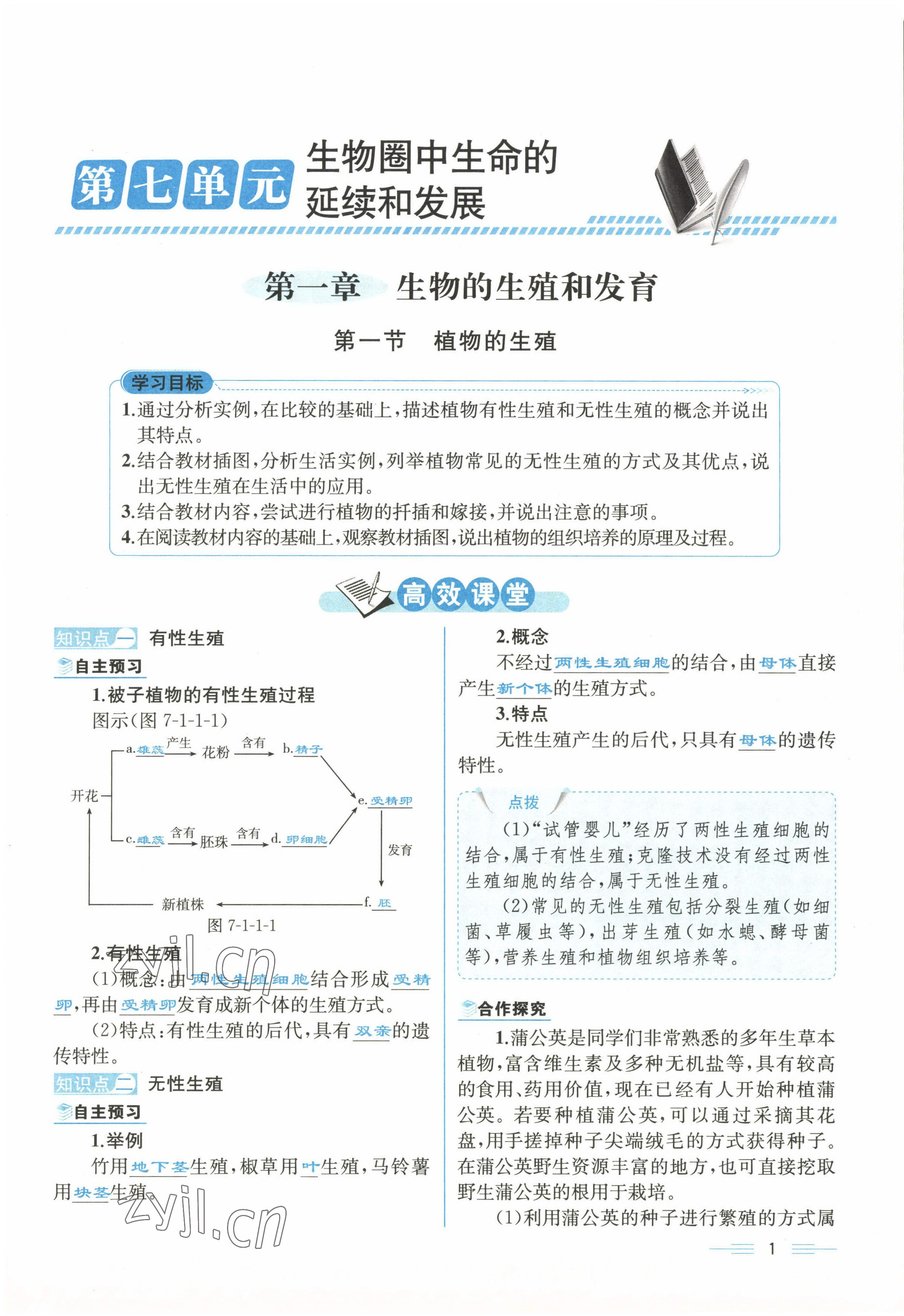 2022年人教金学典同步解析与测评八年级生物下册人教版云南专版 参考答案第1页