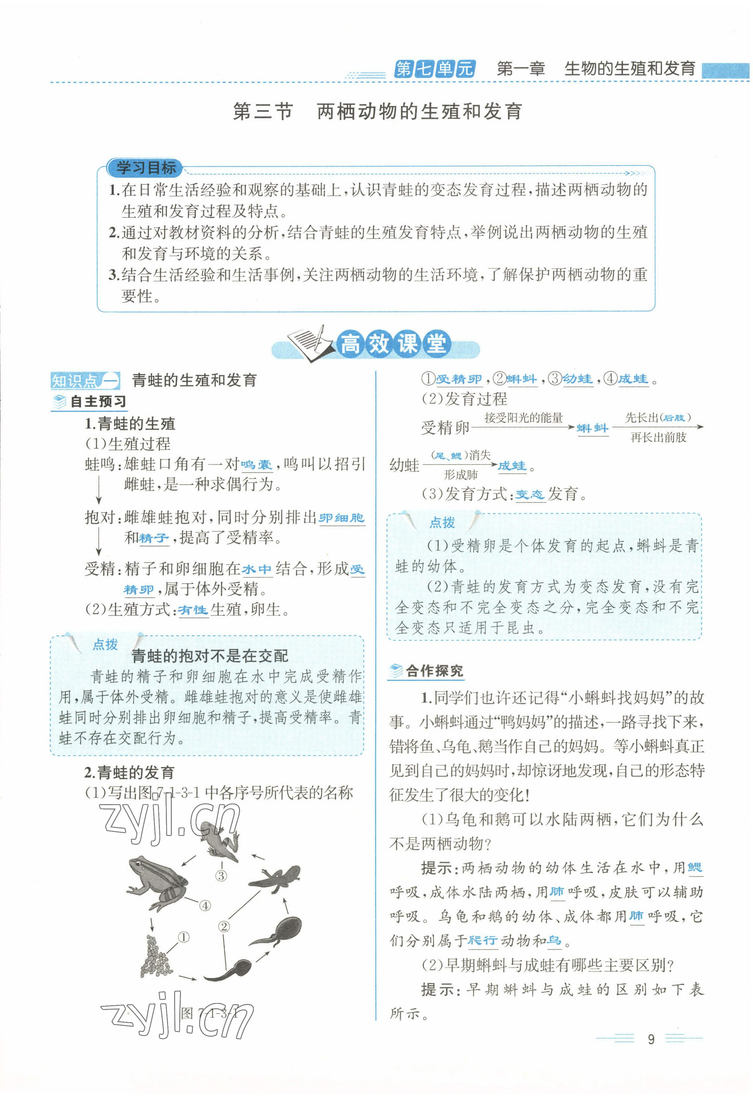 2022年人教金学典同步解析与测评八年级生物下册人教版云南专版 参考答案第9页