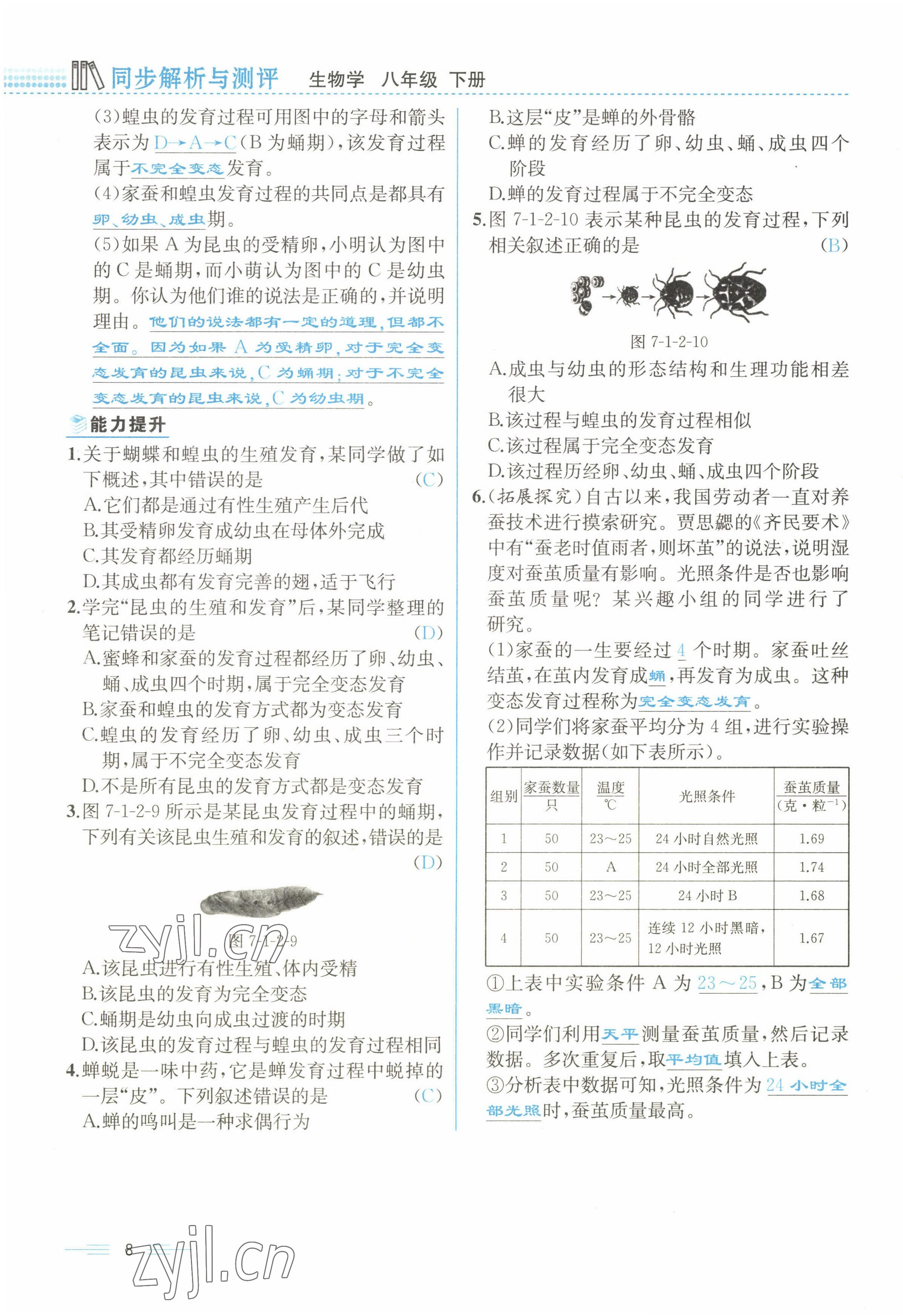 2022年人教金學(xué)典同步解析與測評八年級生物下冊人教版云南專版 參考答案第8頁