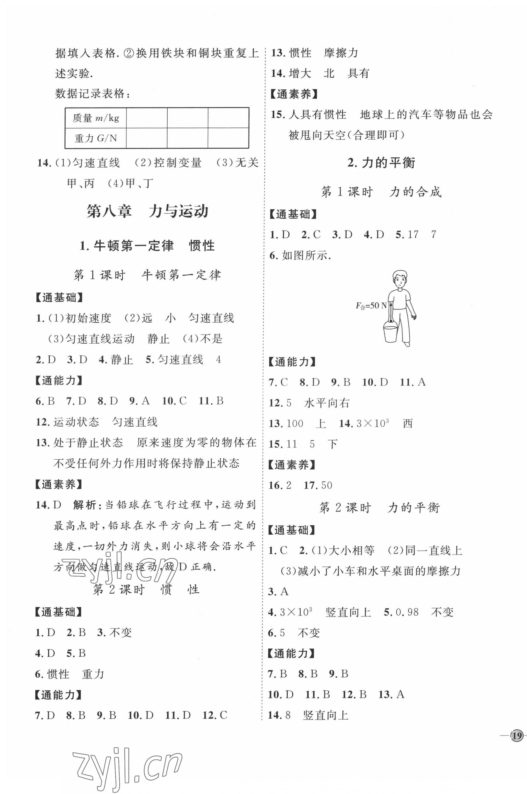 2022年优加学案课时通八年级物理下册教科版 参考答案第5页