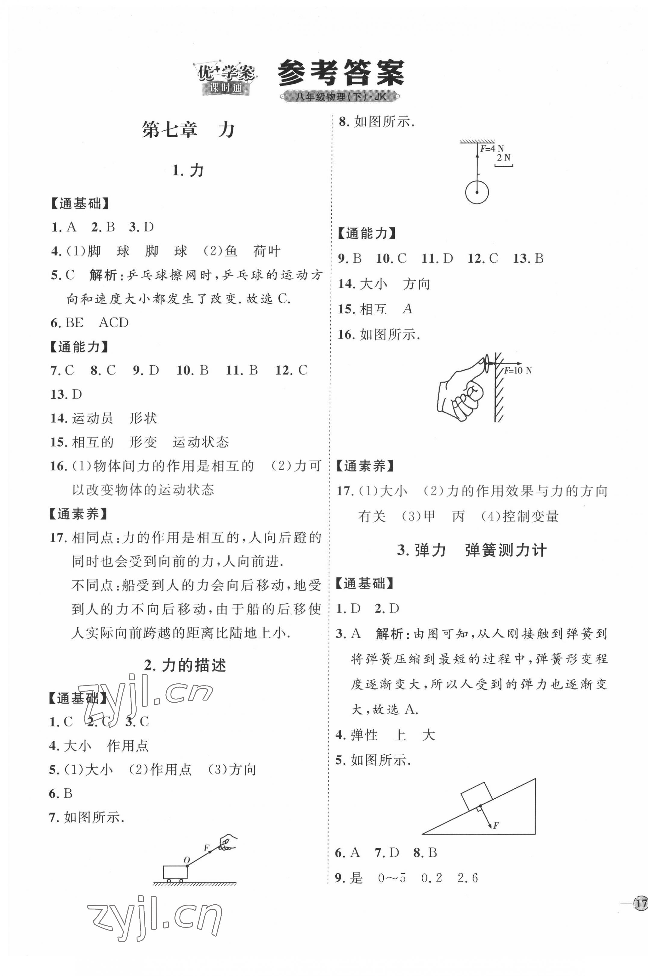 2022年优加学案课时通八年级物理下册教科版 参考答案第1页