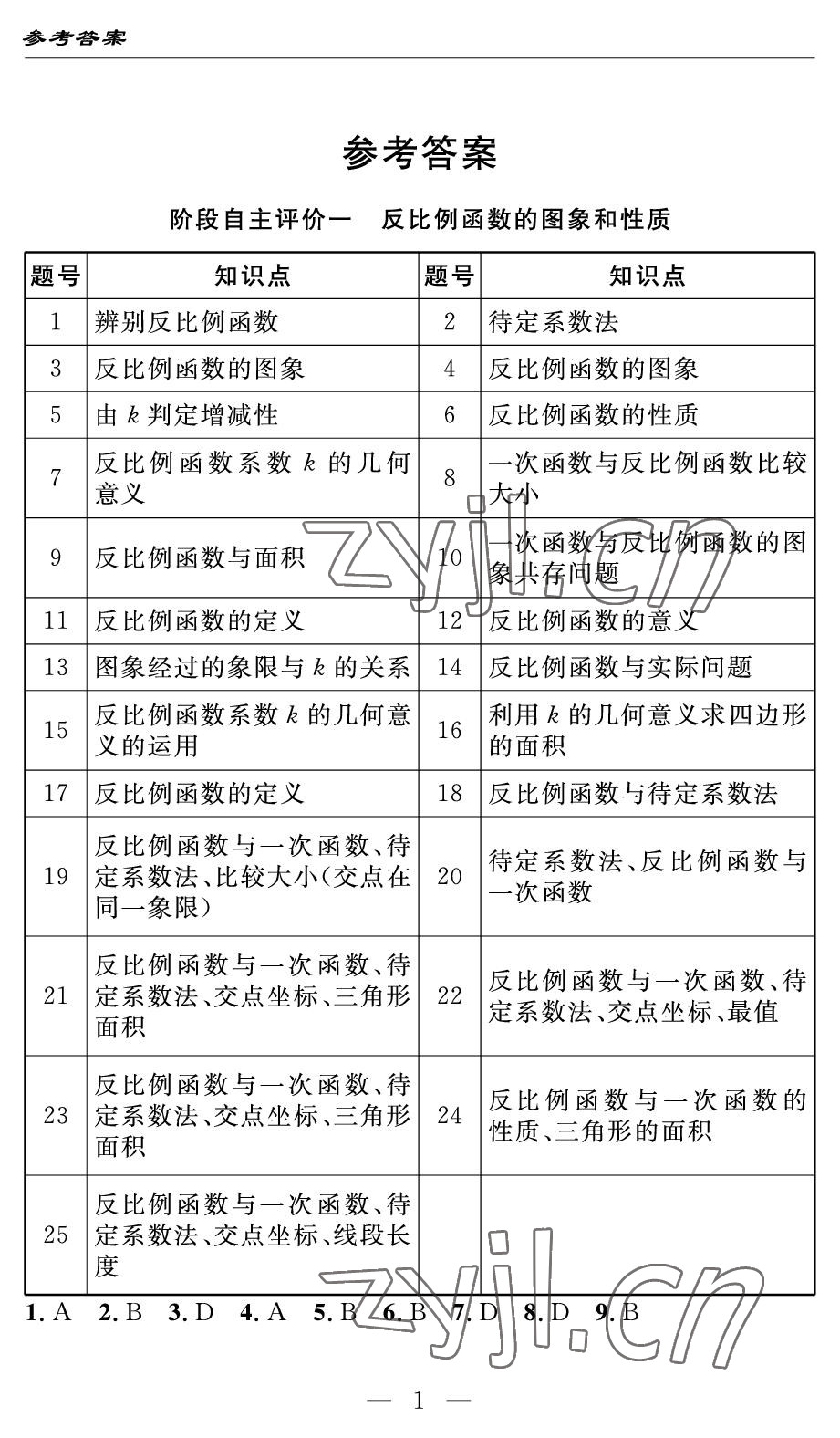 2022年智慧課堂自主評(píng)價(jià)九年級(jí)數(shù)學(xué)下冊(cè)人教版 參考答案第1頁(yè)