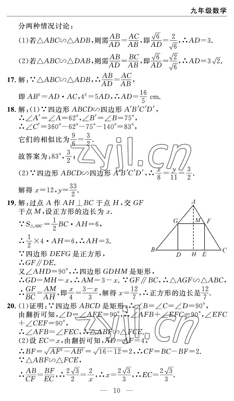 2022年智慧課堂自主評(píng)價(jià)九年級(jí)數(shù)學(xué)下冊(cè)人教版 參考答案第10頁(yè)