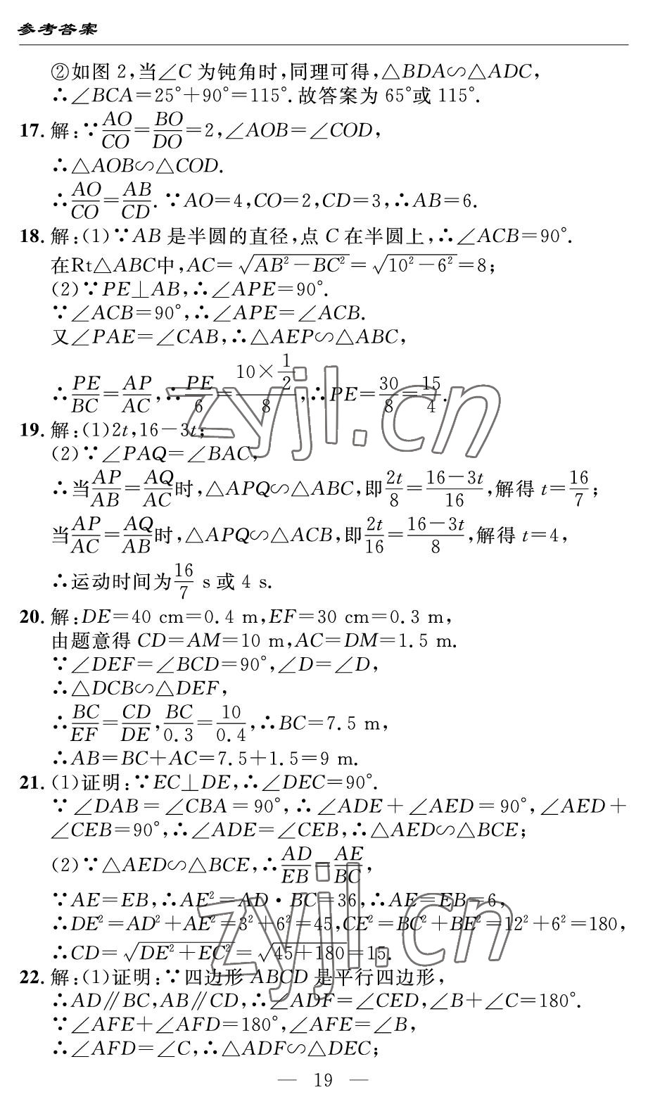 2022年智慧課堂自主評價九年級數學下冊人教版 參考答案第19頁