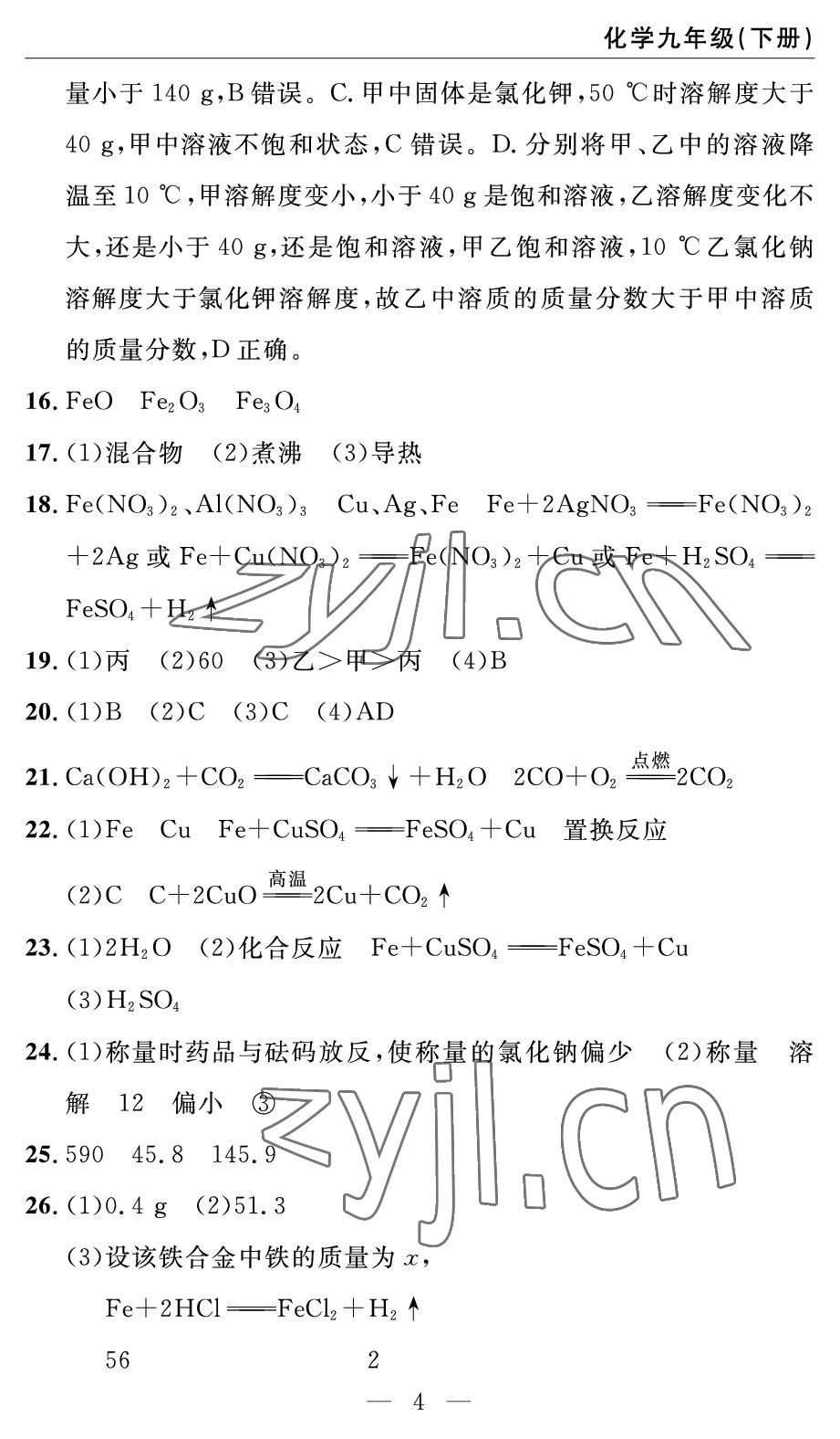 2022年智慧課堂自主評價(jià)九年級(jí)化學(xué)下冊人教版 參考答案第4頁