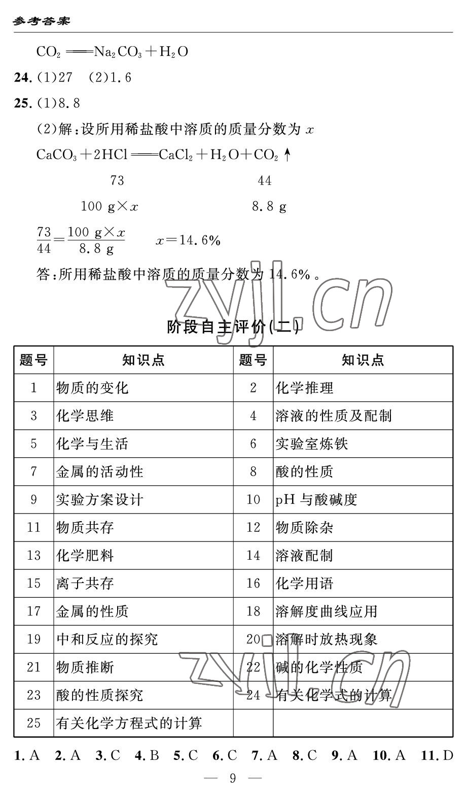 2022年智慧課堂自主評(píng)價(jià)九年級(jí)化學(xué)下冊(cè)人教版 參考答案第9頁