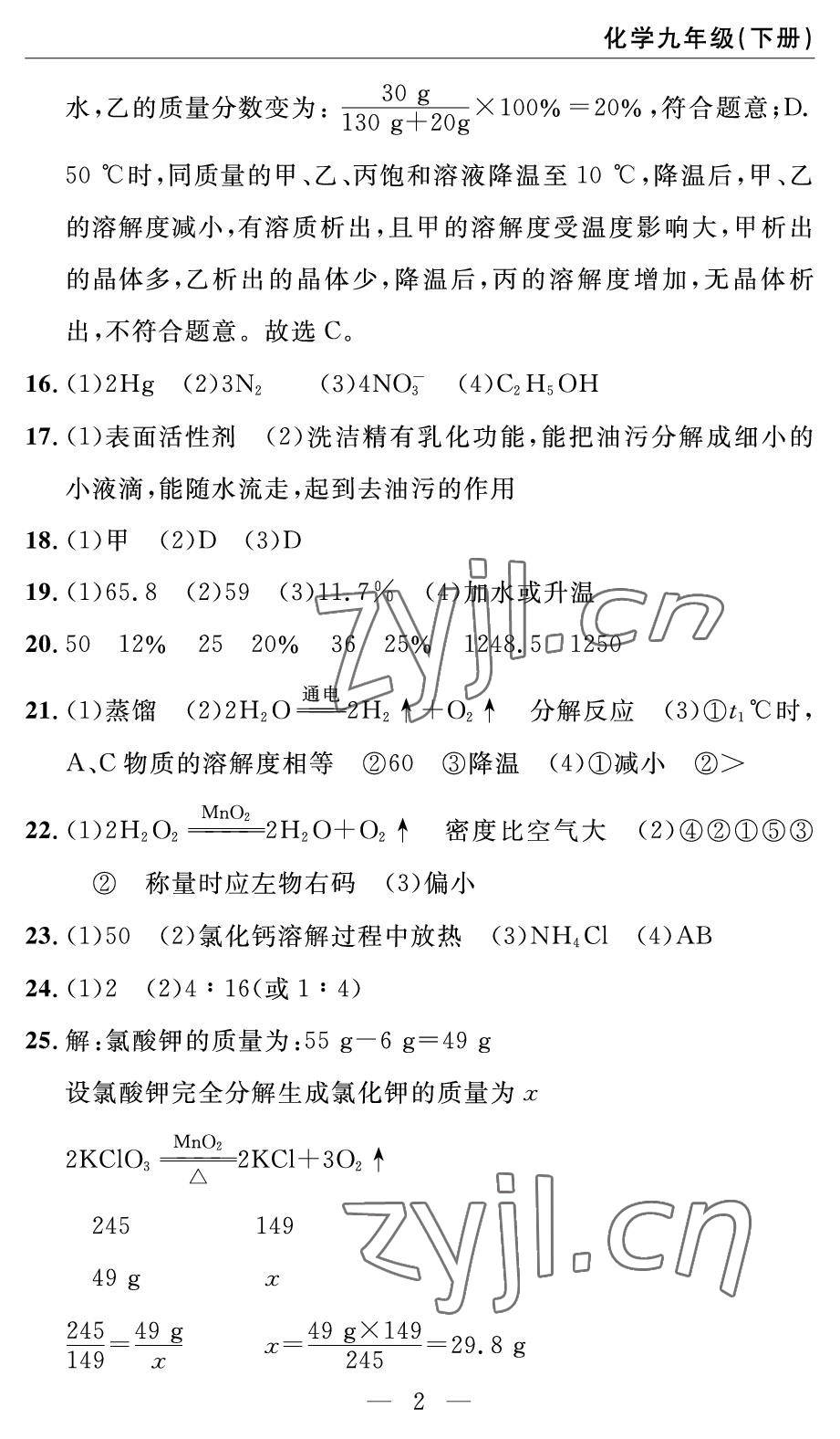 2022年智慧課堂自主評價九年級化學下冊人教版 參考答案第2頁