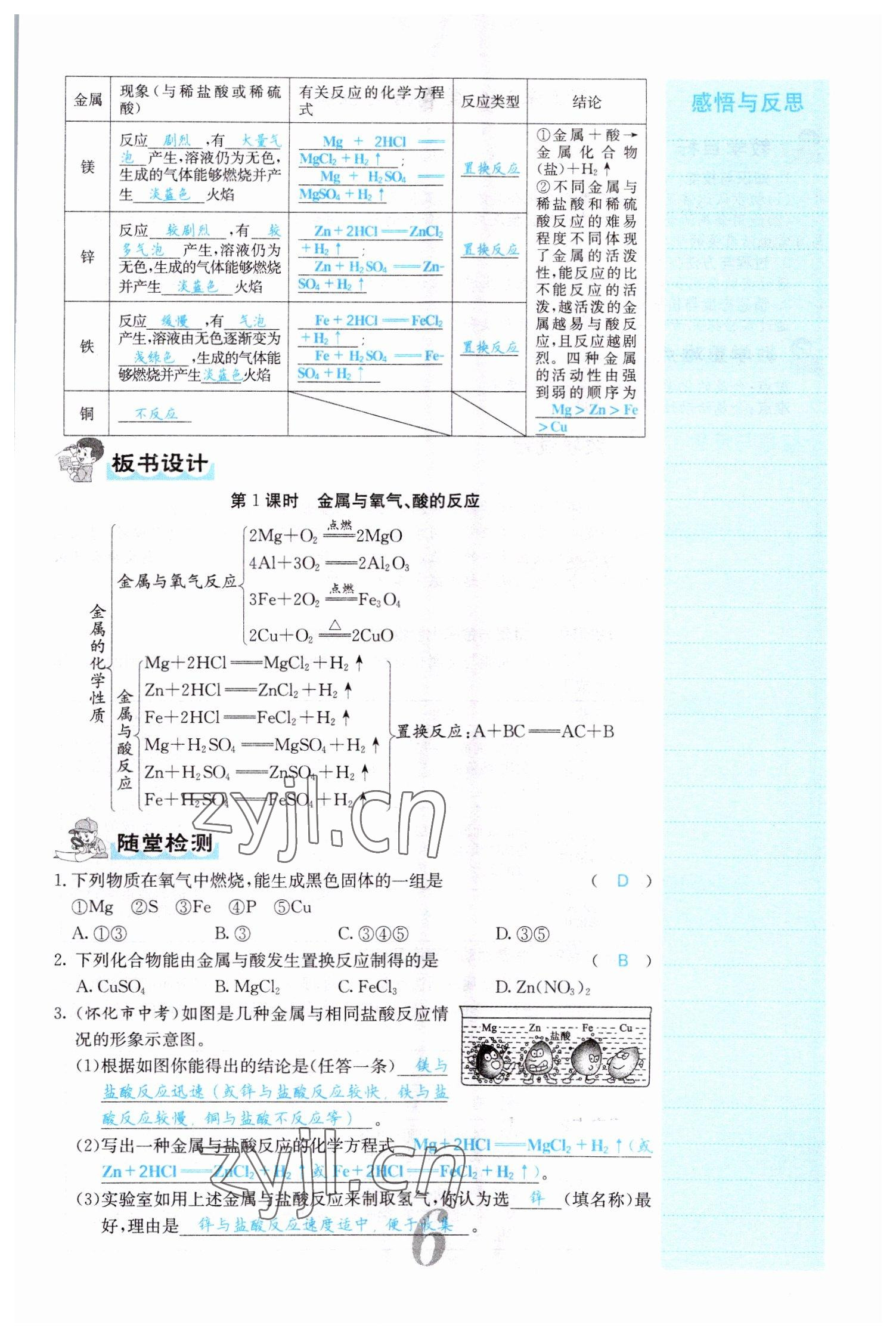 2022年課堂點睛九年級化學下冊人教版山西專版 參考答案第6頁