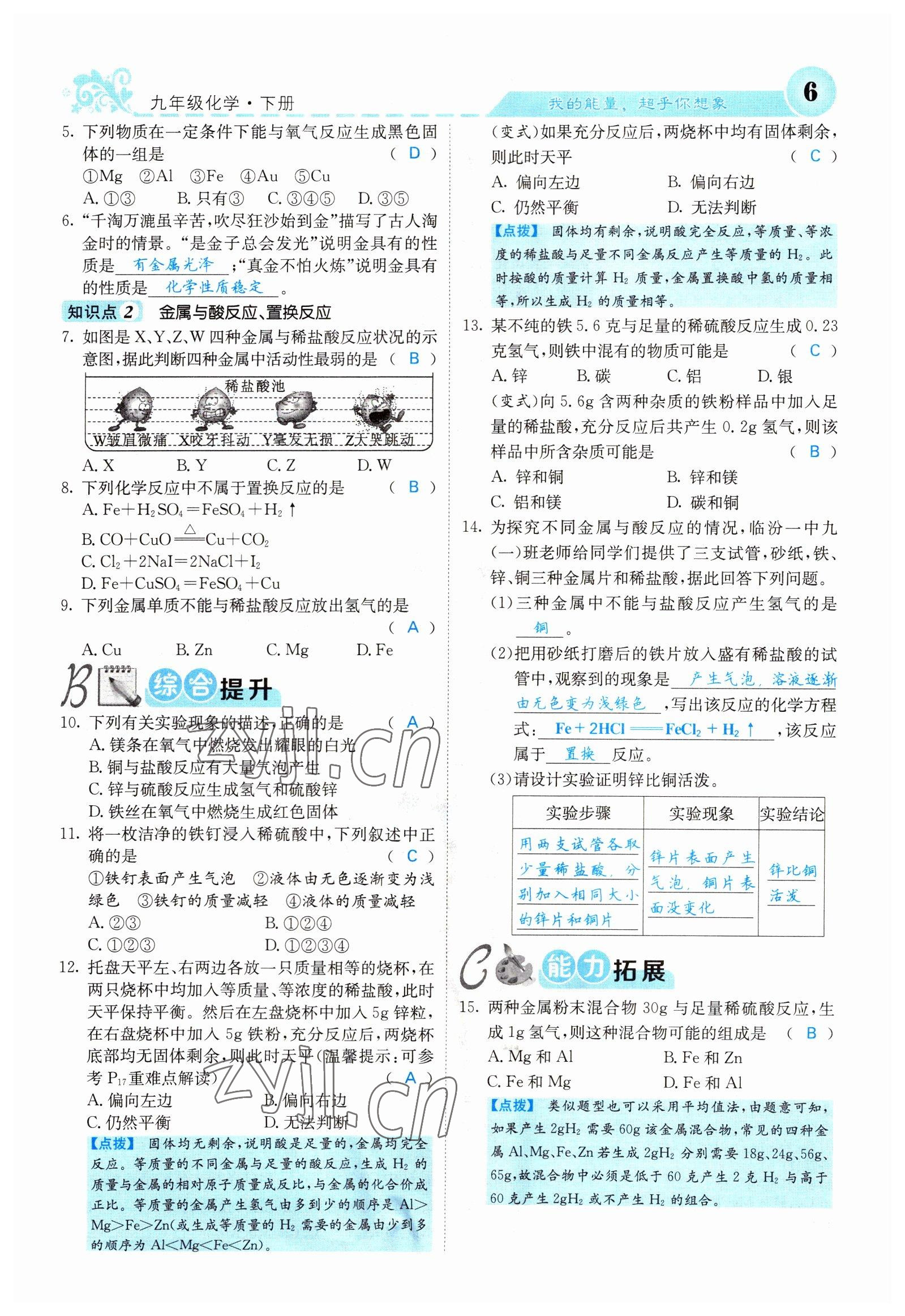 2022年課堂點(diǎn)睛九年級化學(xué)下冊人教版山西專版 參考答案第6頁