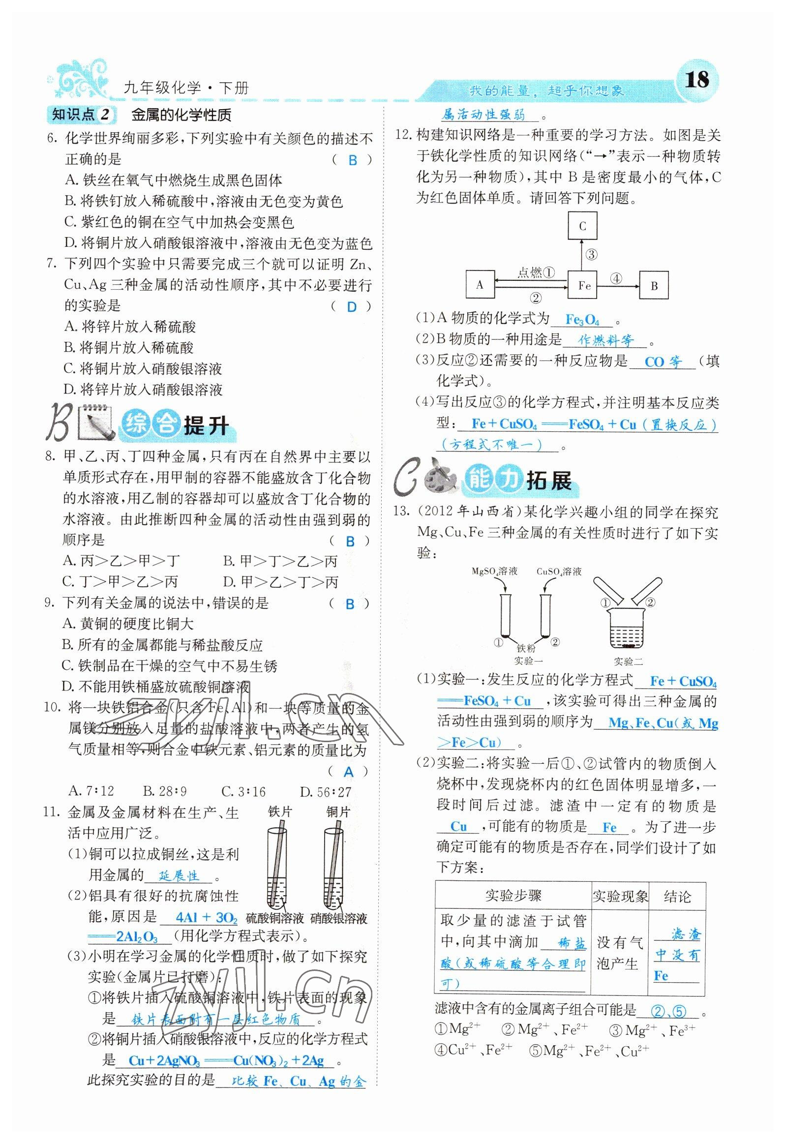 2022年課堂點睛九年級化學下冊人教版山西專版 參考答案第18頁