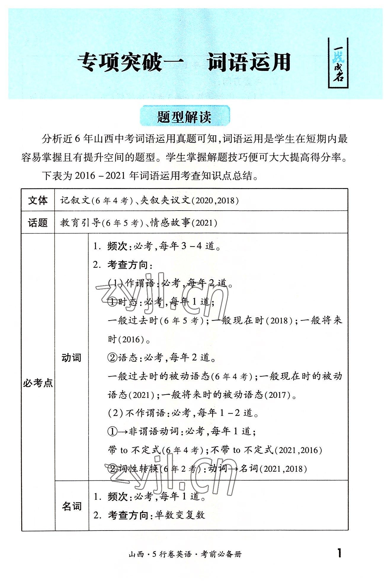 2022年一战成名5行卷英语山西专版&nbsp;参考答案第1页