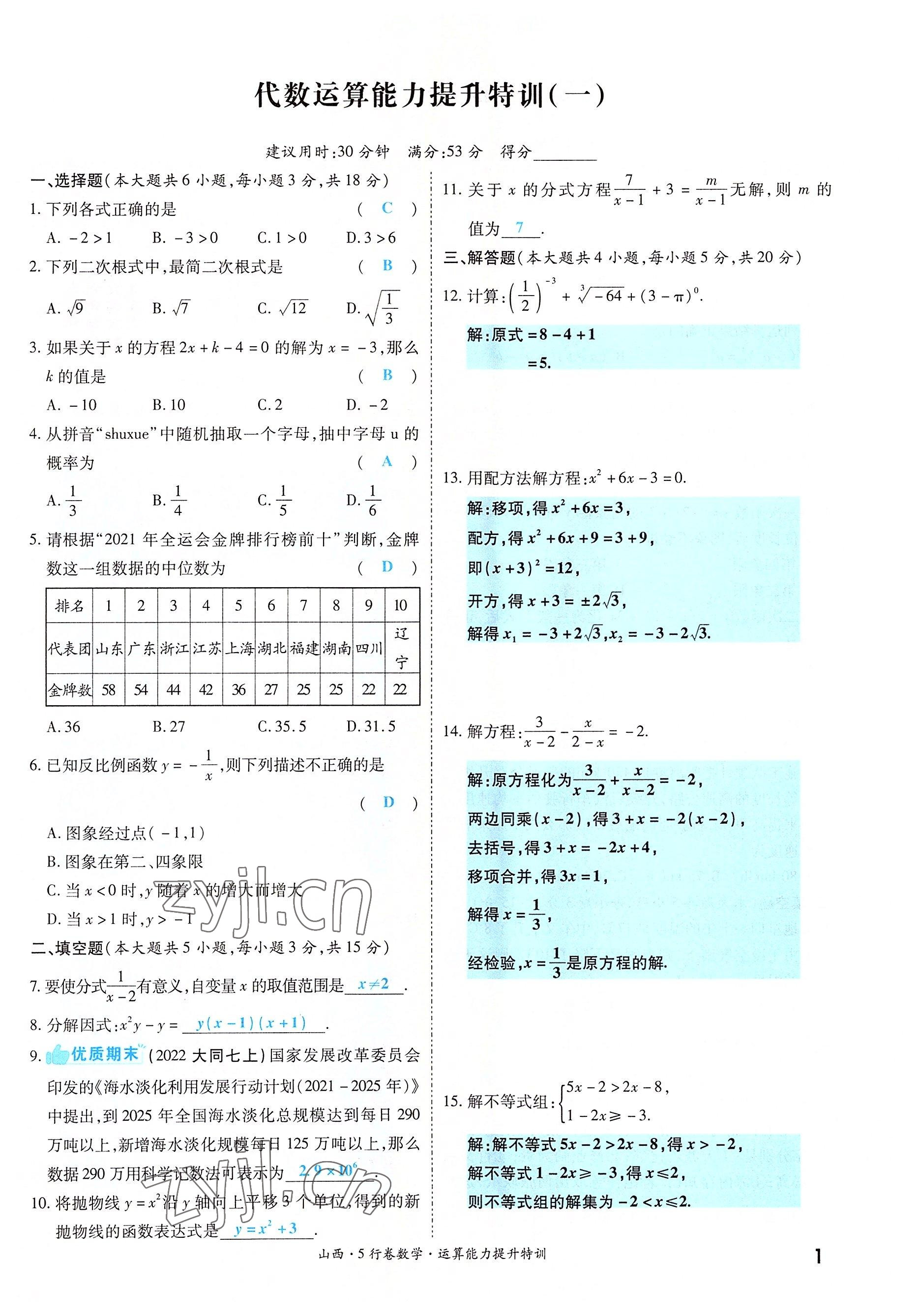 2022年一戰(zhàn)成名5行卷數(shù)學山西專版 參考答案第1頁